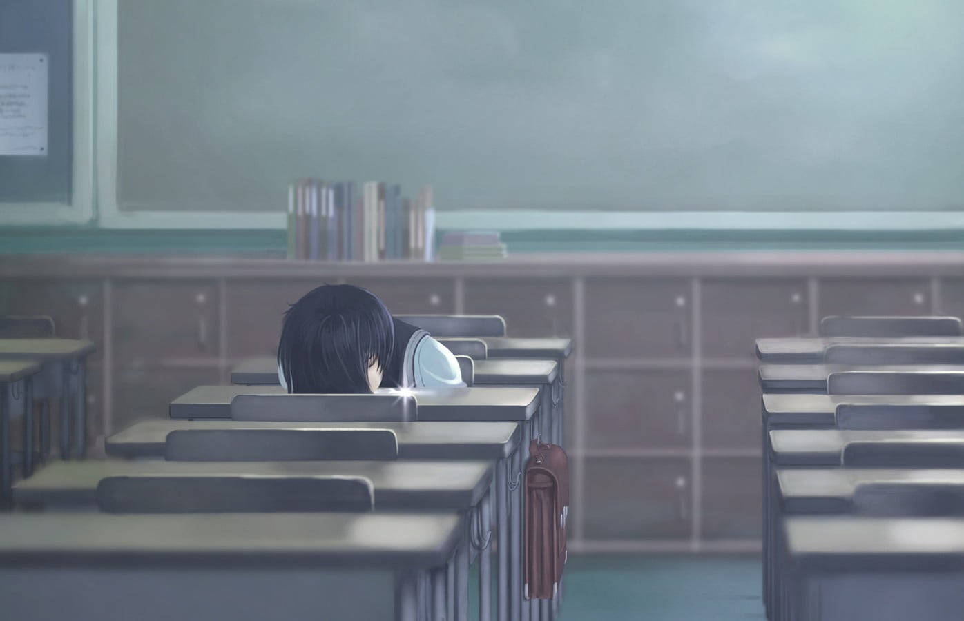 anime student, empty classroom, soft muted lighting, HD Desktop Wallpaper