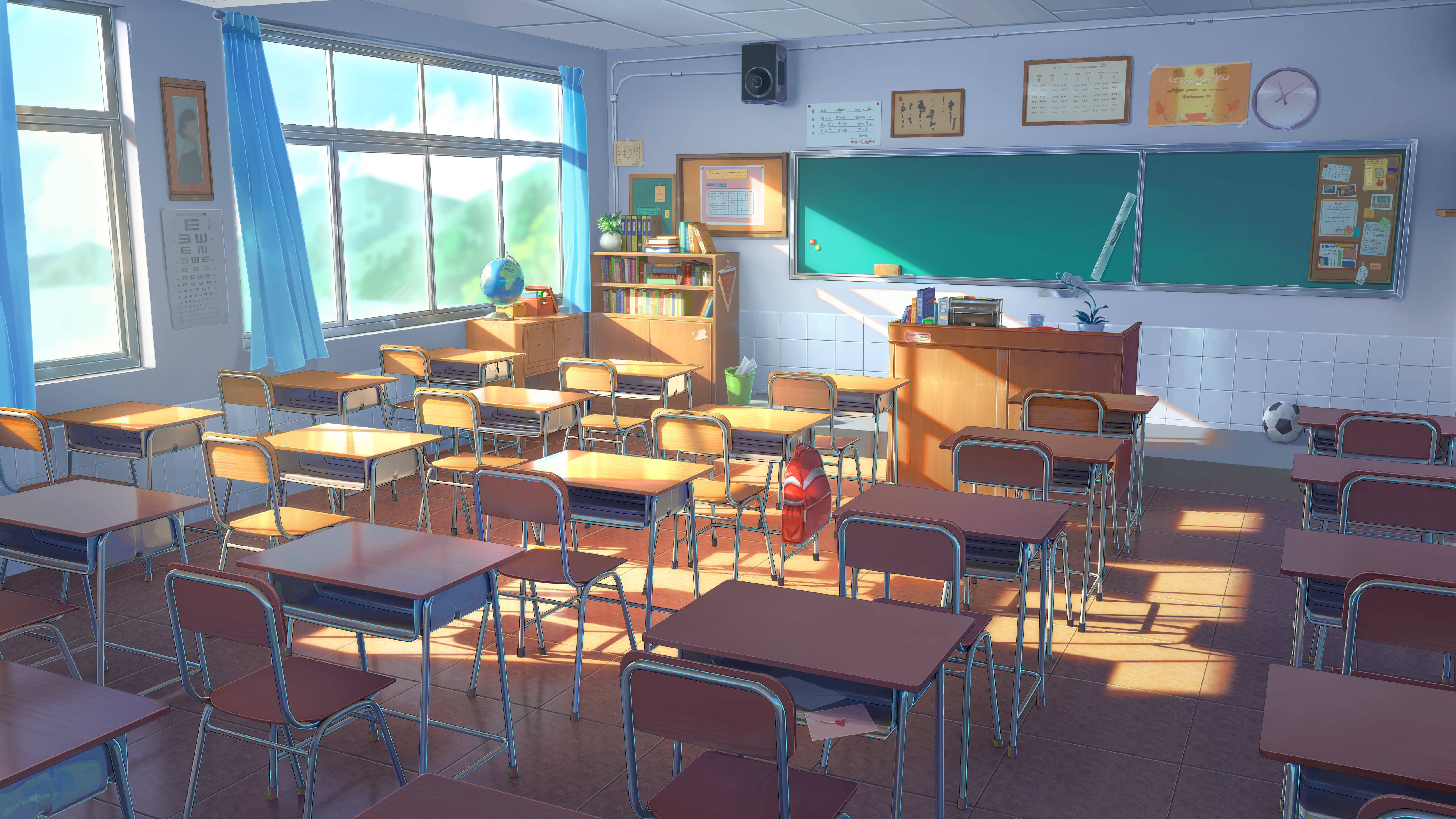 anime classroom, sunlight, wooden desks, 4K Desktop Wallpaper