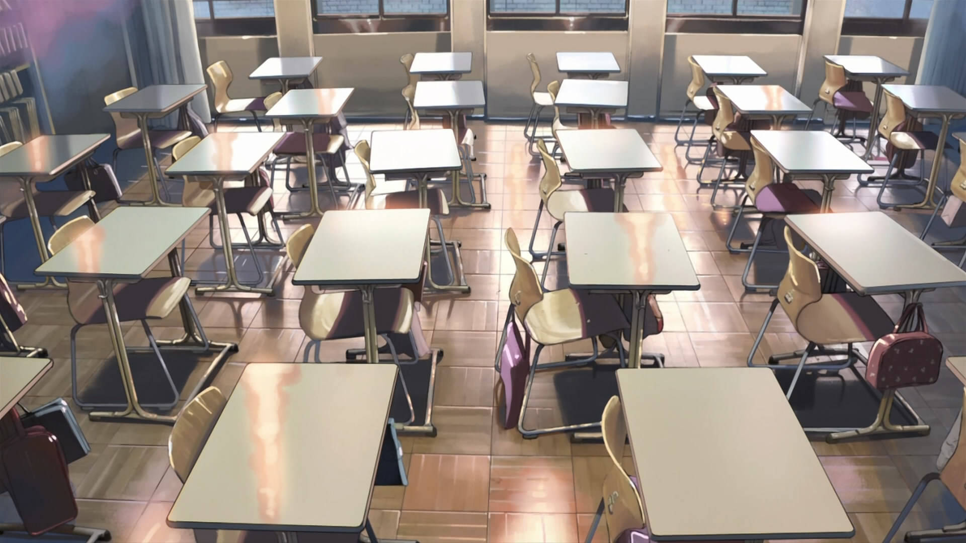 anime-style classroom, rows of desks, chairs, Full HD Desktop Wallpaper