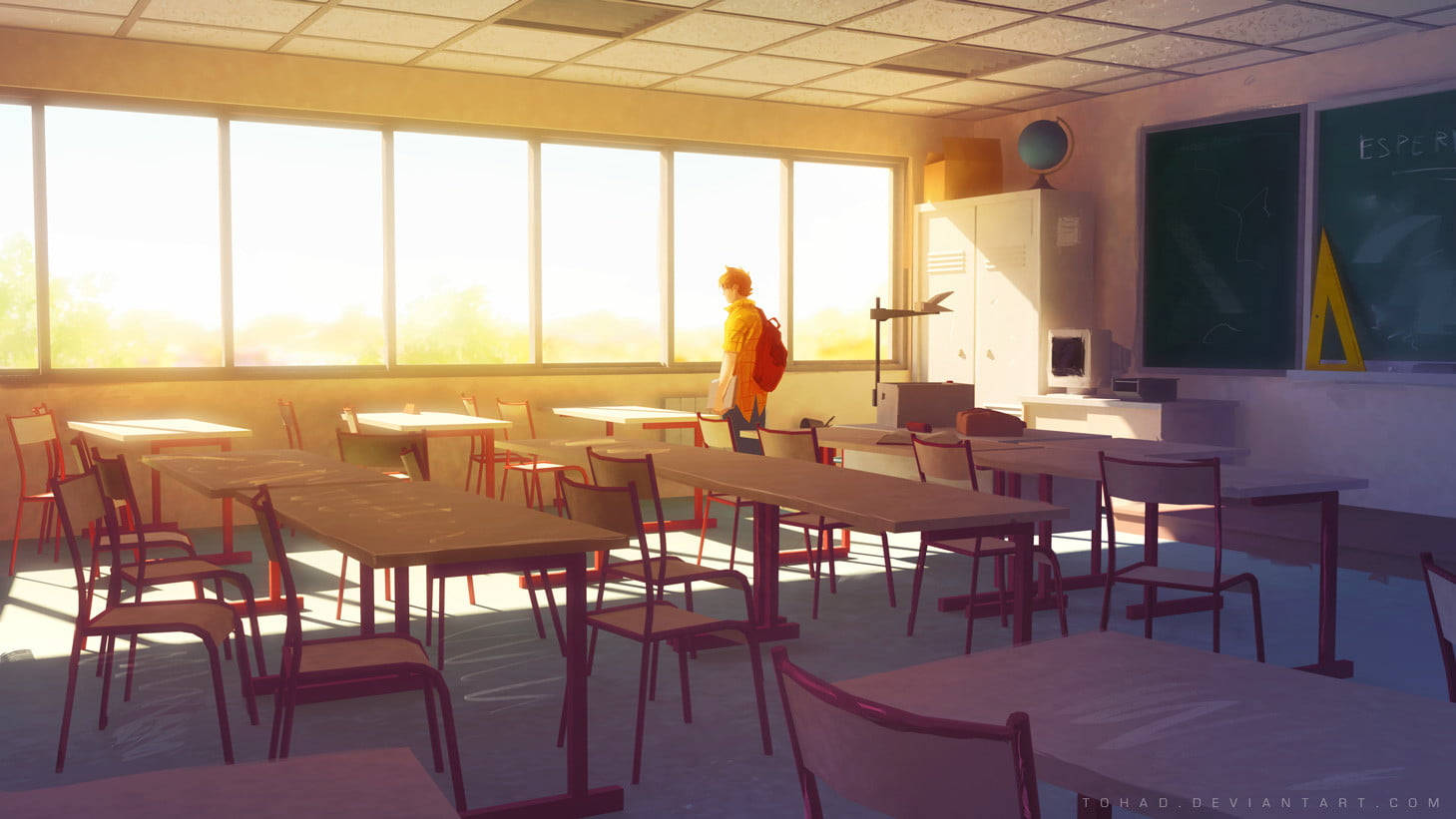 cartoon male student, yellow shirt, sunlit windows, HD Desktop Wallpaper