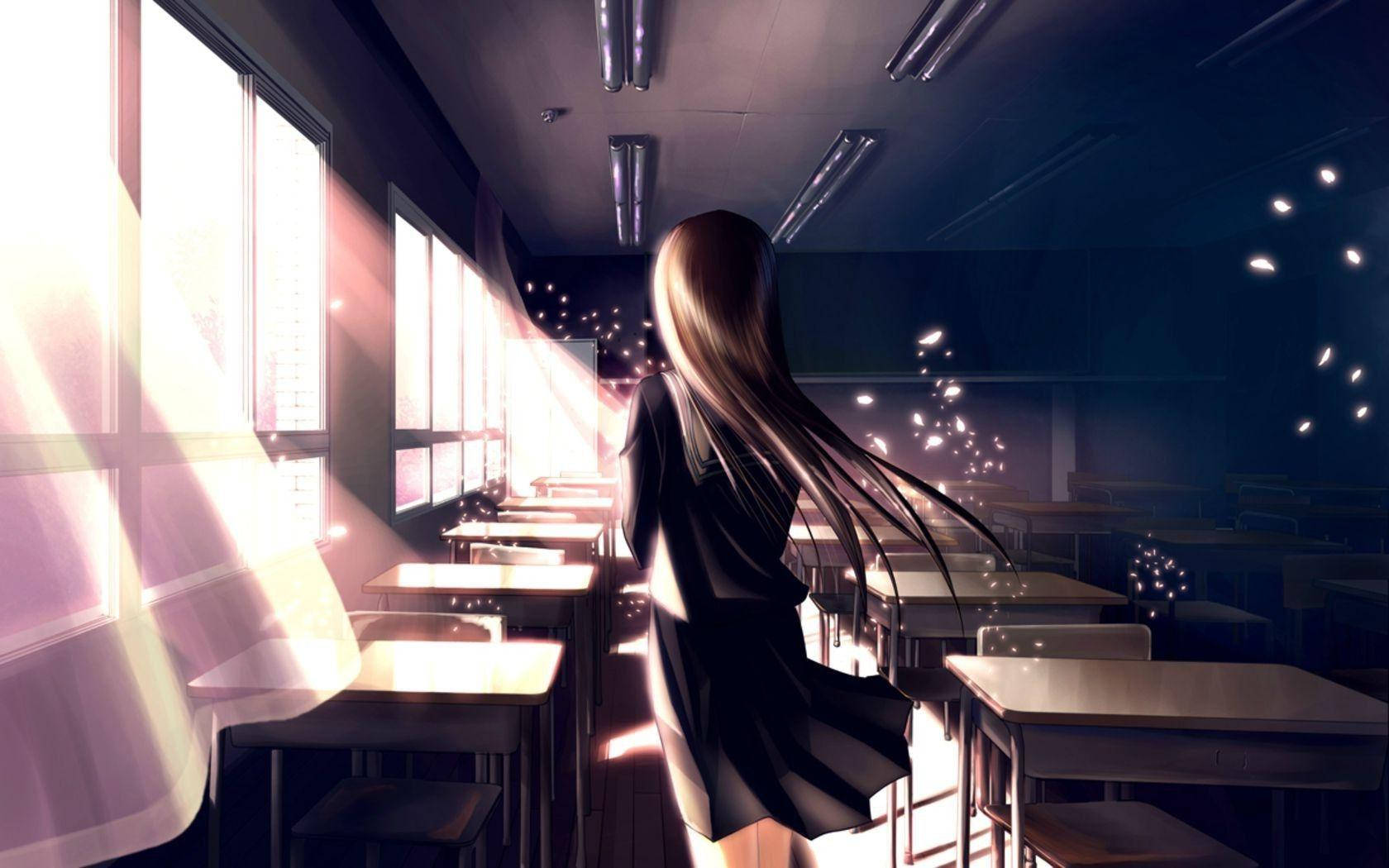 anime girl, long hair, empty classroom, HD Desktop Wallpaper
