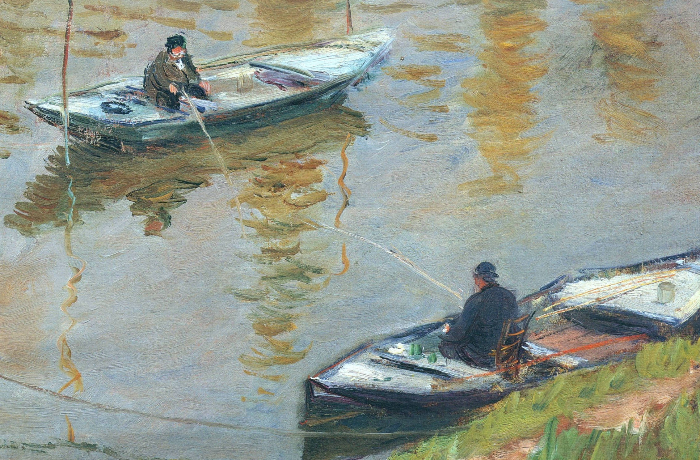 Claude Monet, two anglers, calm waters, Full HD Desktop Wallpaper
