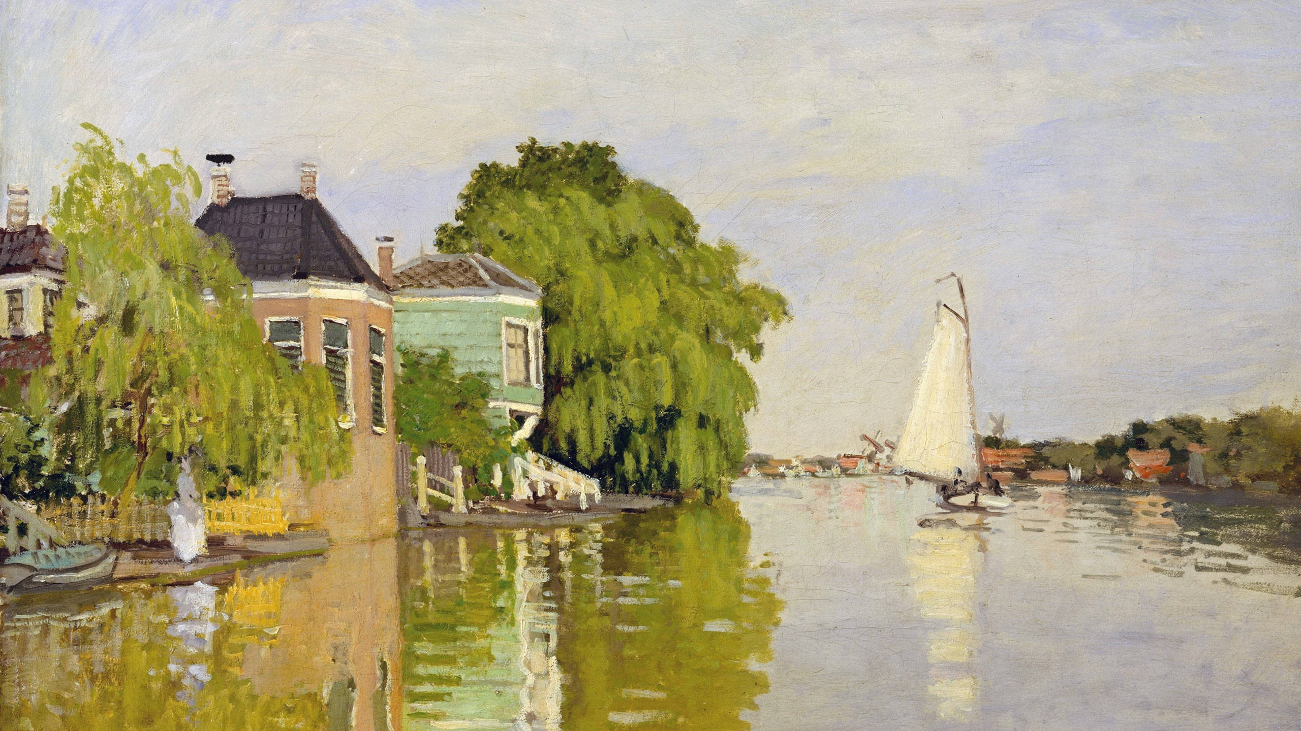 Claude Monet, houses on Achterzaan, canal scene, 2K Desktop Wallpaper
