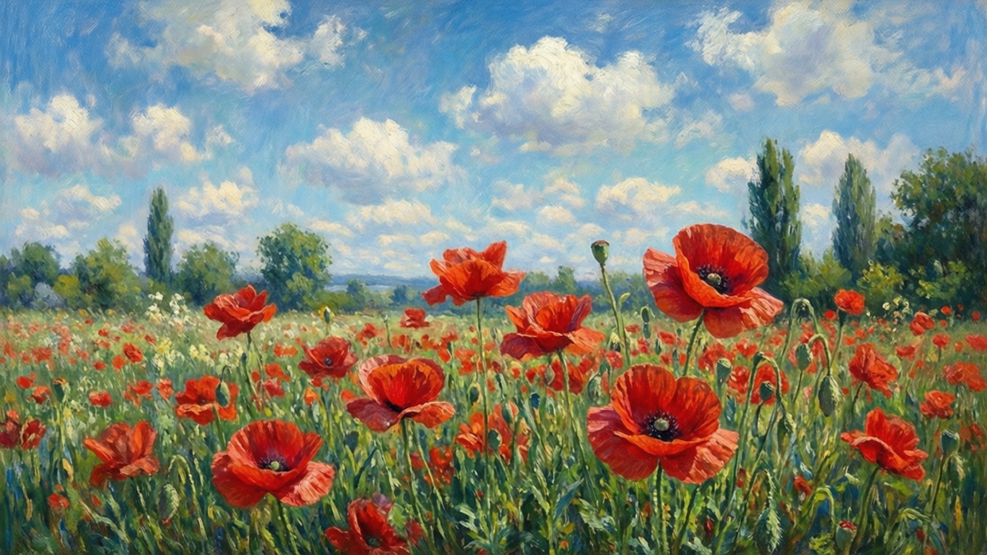 poppy field, vibrant red poppies, bright blue sky, Full HD Desktop Wallpaper