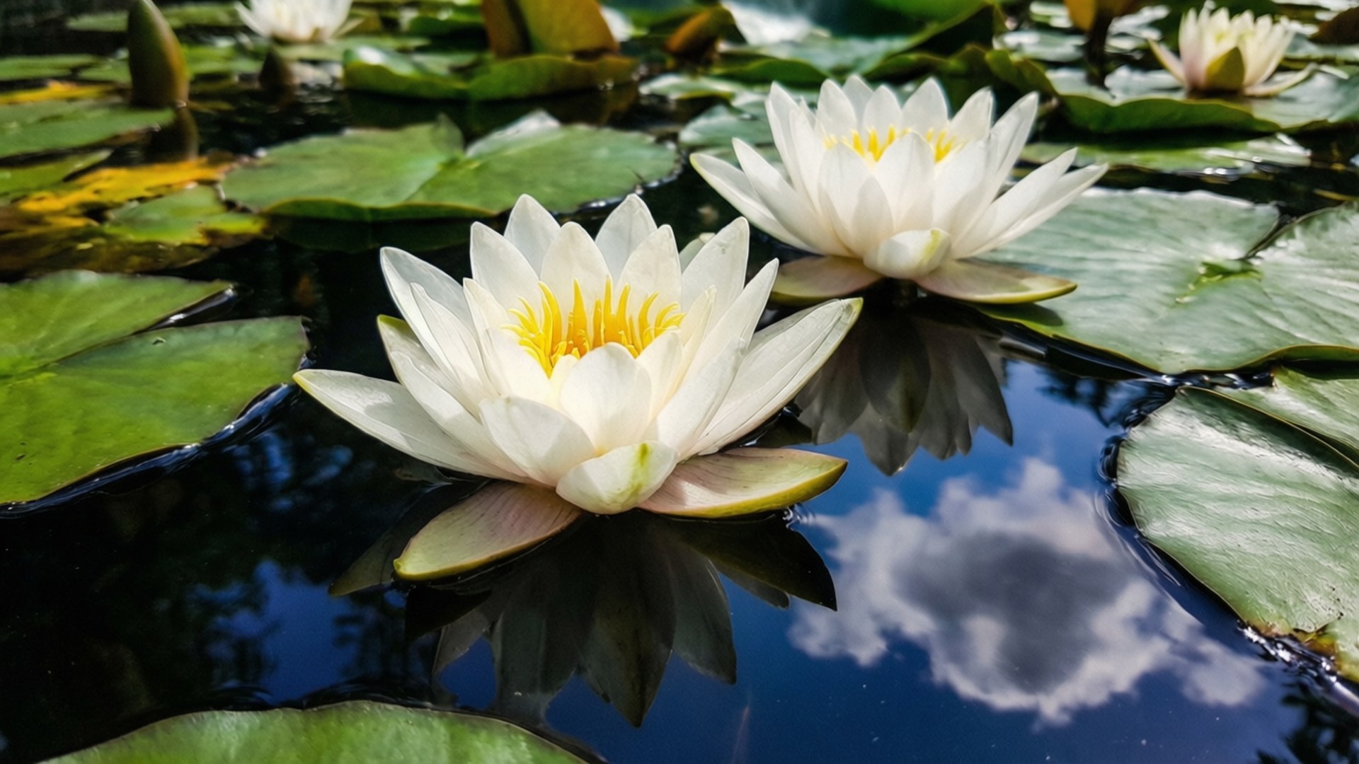 water lilies, yellow centers, green lily pads, Full HD Desktop Wallpaper