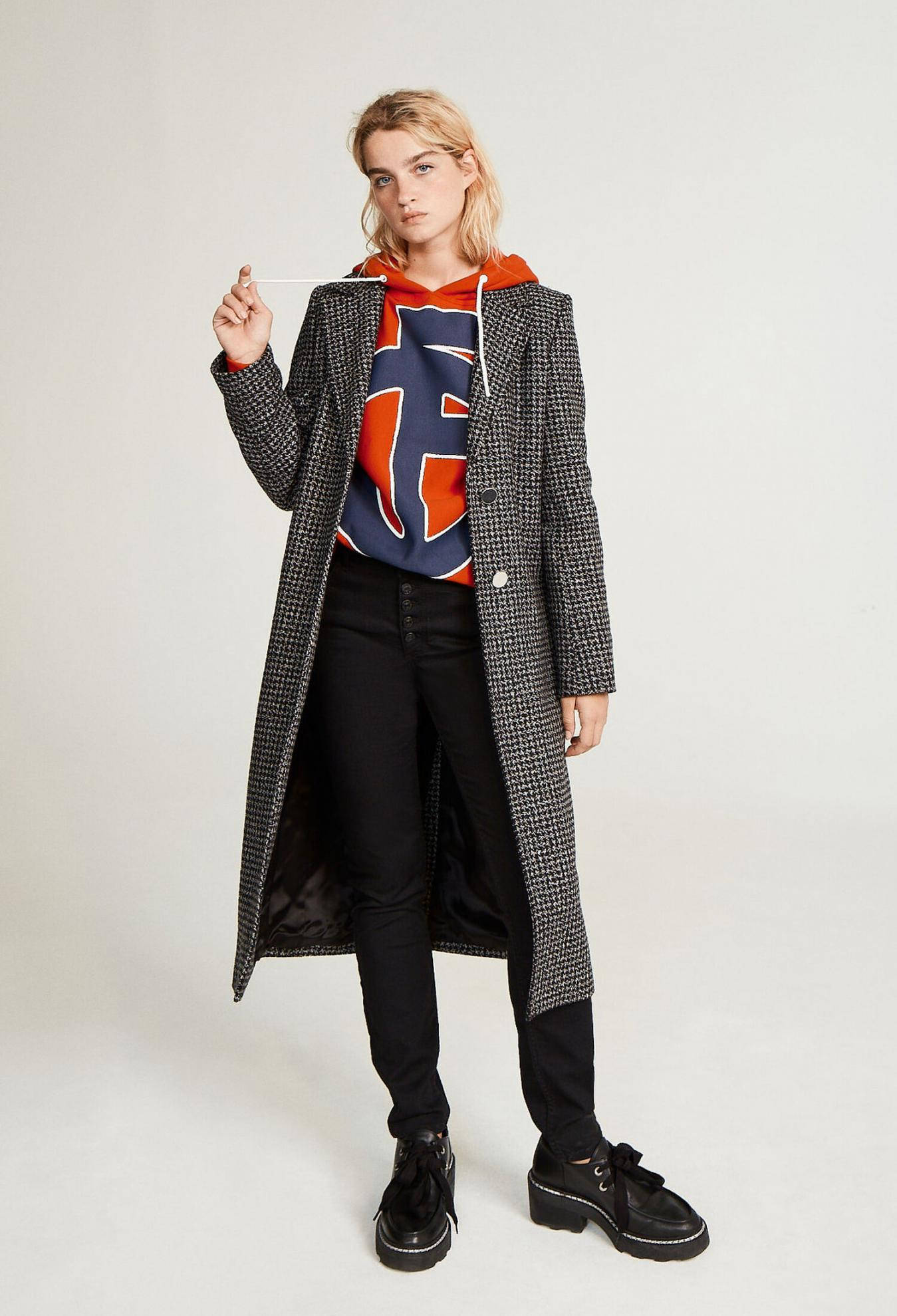 Claudie Pierlot, plaid coat, red hoodie, Full HD Phone Wallpaper