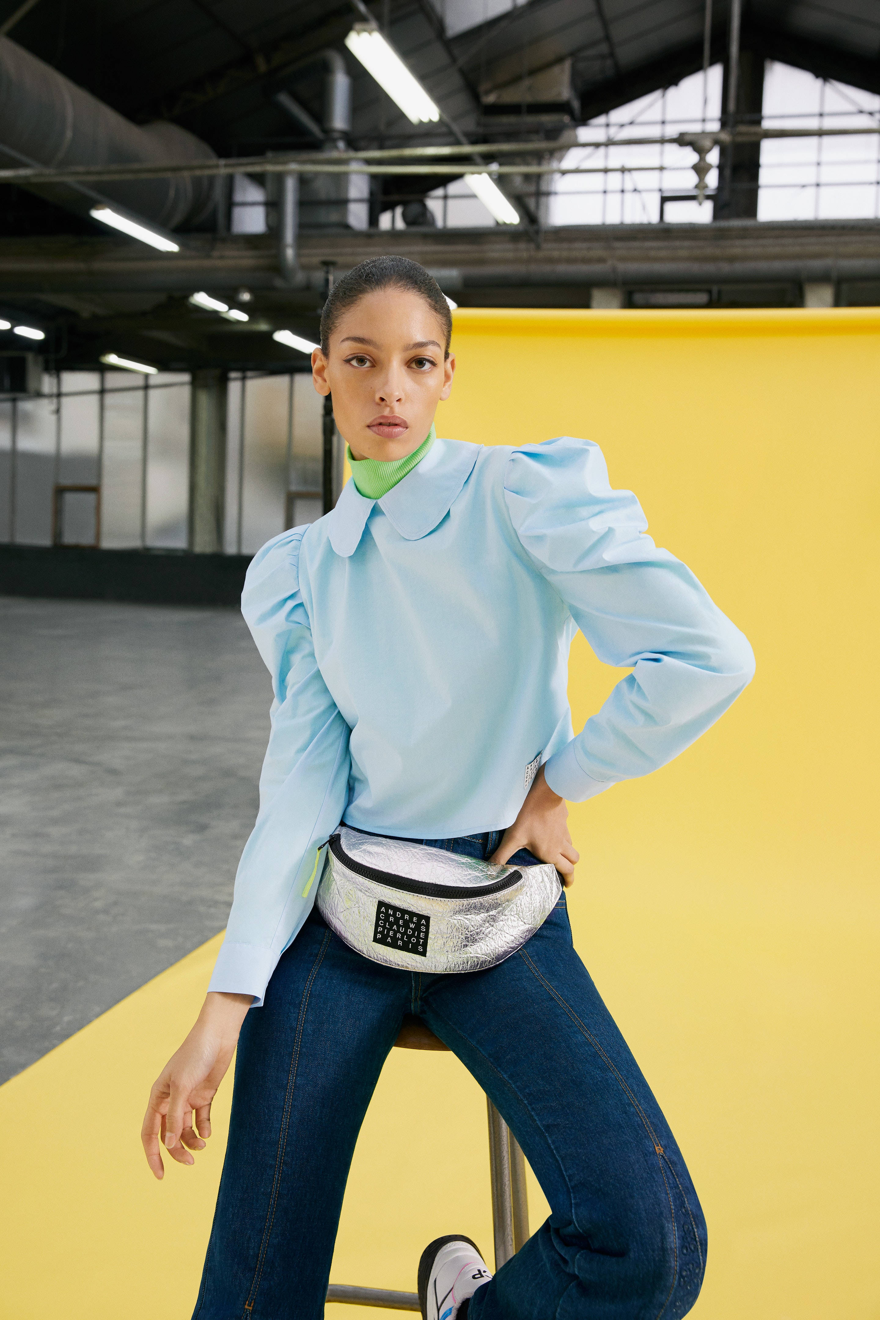 Claudie Pierlot, baby blue collared top, light blue blouse, 4K Phone Wallpaper