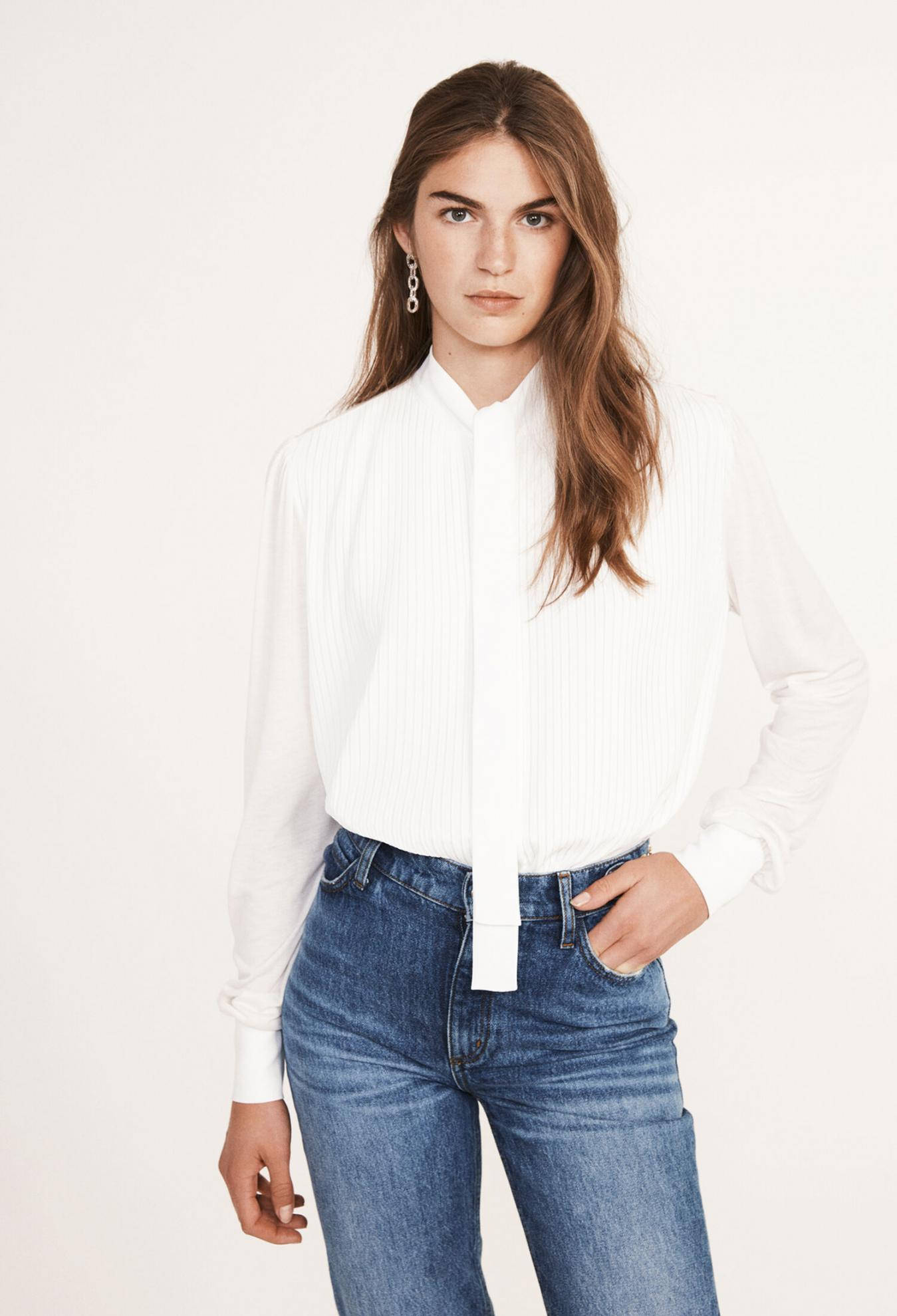 Claudie Pierlot, white long-sleeved top, white ribbed blouse, Full HD Phone Wallpaper