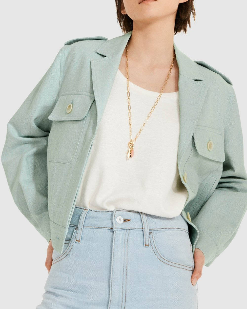 Claudie Pierlot, mint green, military-style jacket, SD Phone Wallpaper