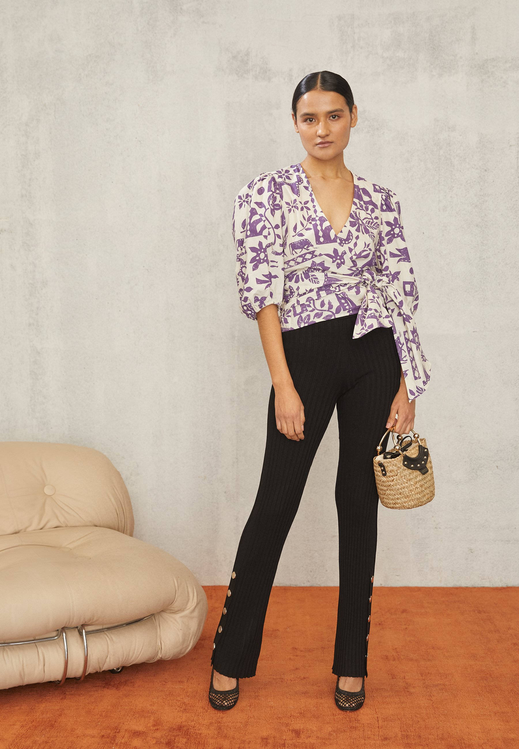 Claudie Pierlot, white purple wrap top, purple patterned blouse, 2K Phone Wallpaper