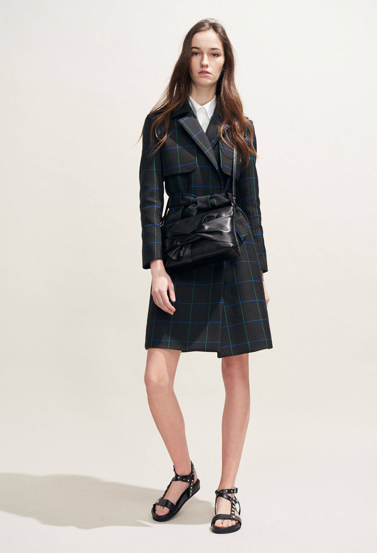 Claudie Pierlot, black blue grid coat, dark plaid belted coat, HD Phone Wallpaper