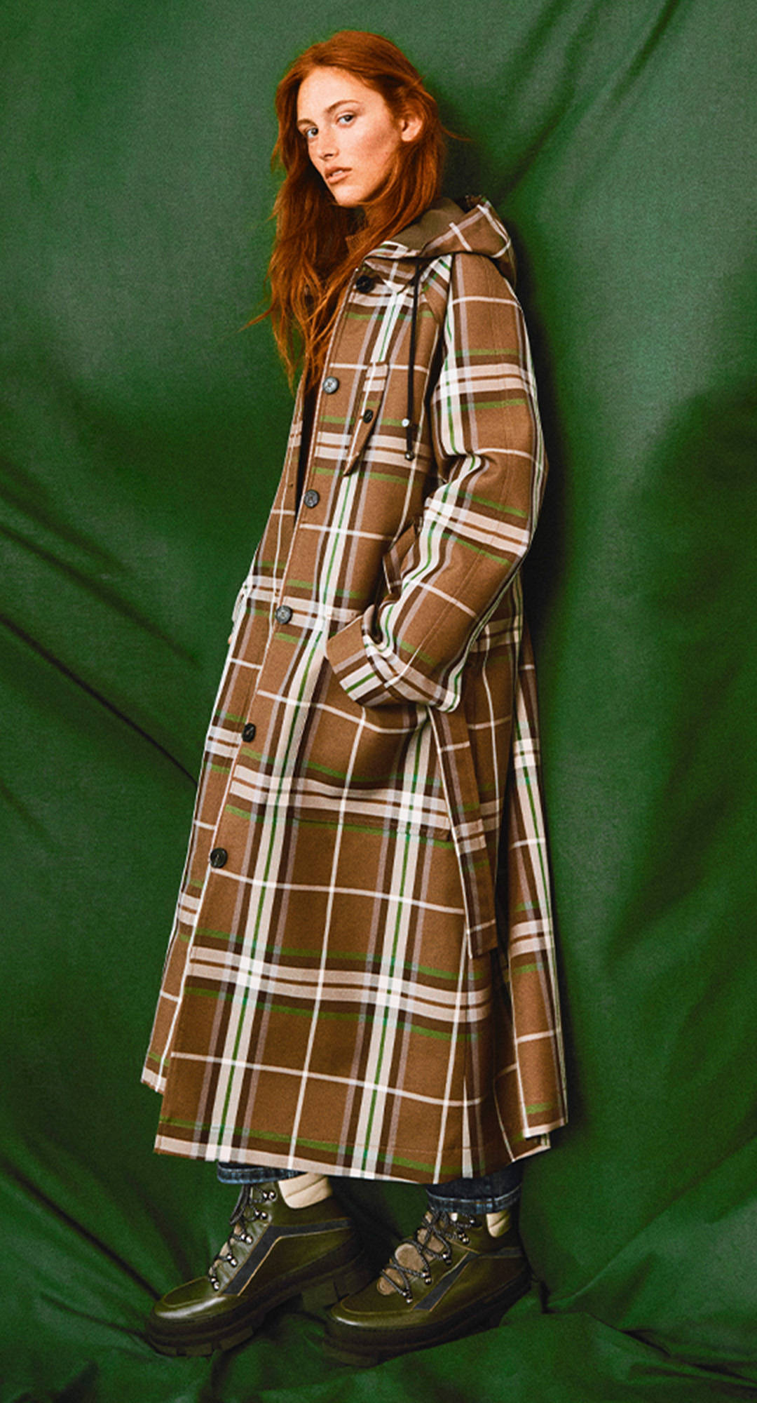 Claudie Pierlot, brown plaid coat, red hair, Full HD Phone Wallpaper