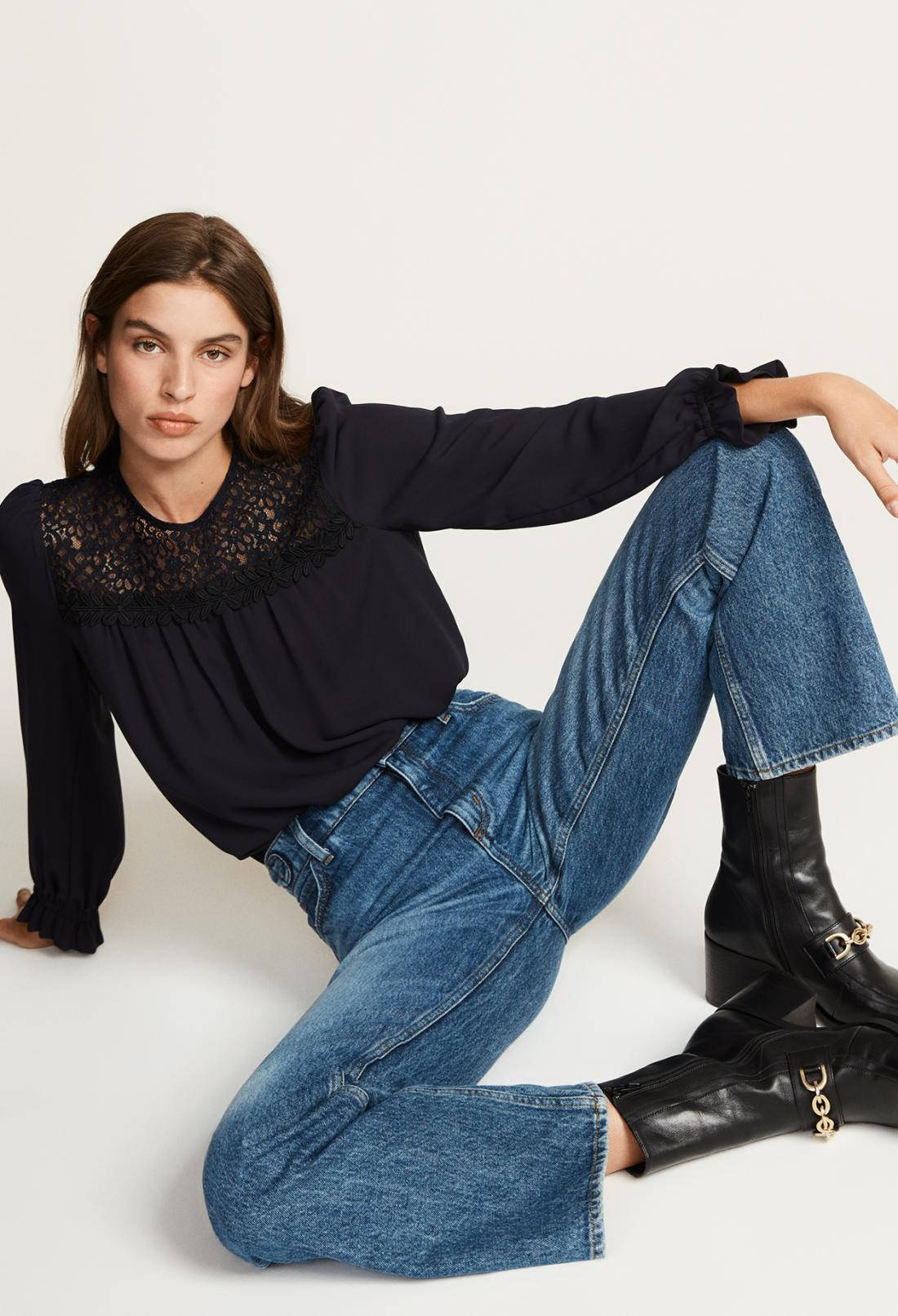 Claudie Pierlot, black lace-trimmed blouse, blue jeans, HD Phone Wallpaper