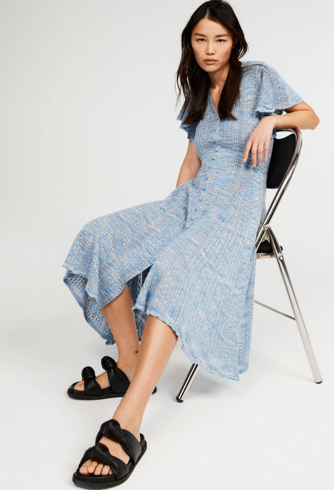 Claudie Pierlot, blue button down dress, textured dress, HD Phone Wallpaper