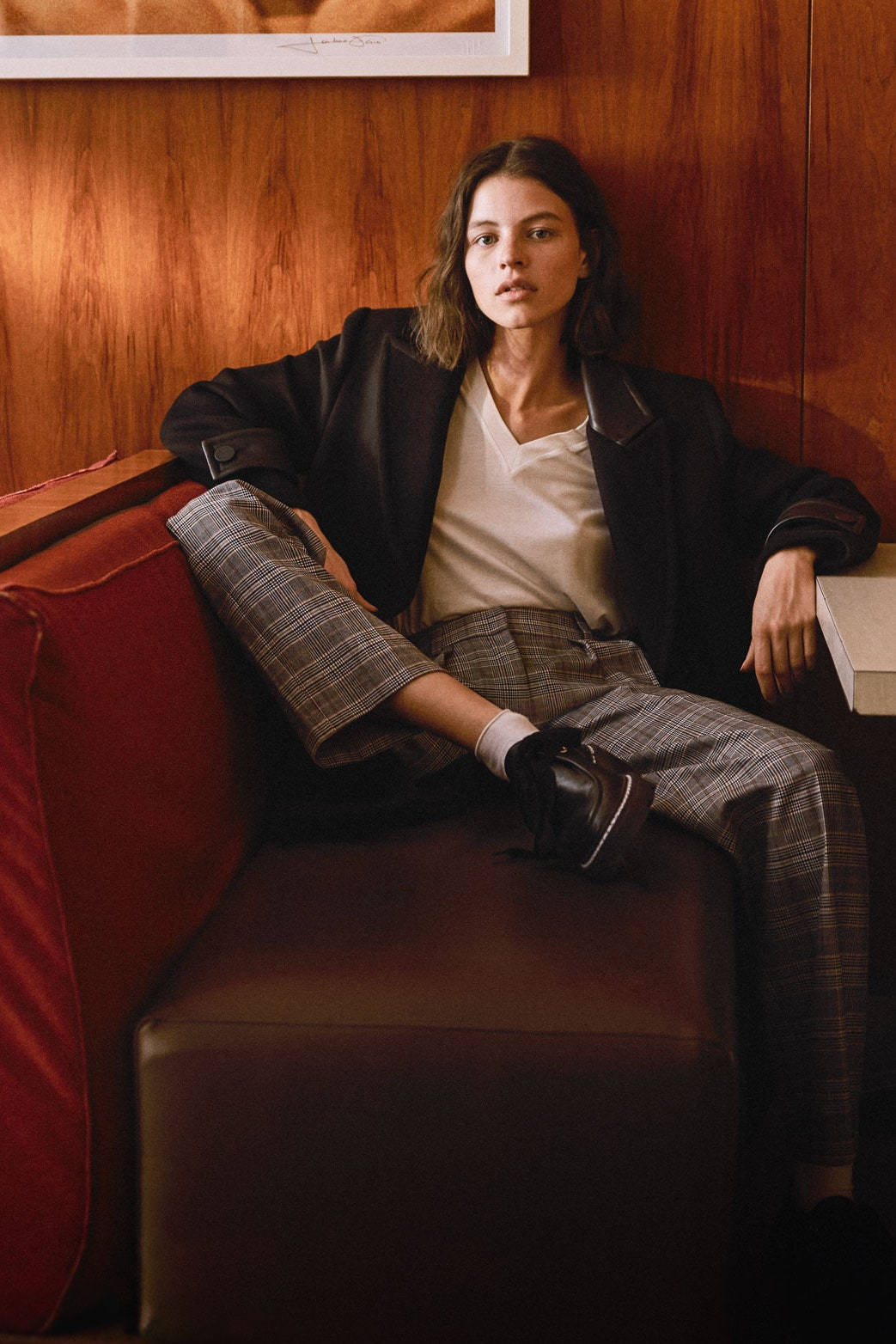 Claudie Pierlot, plaid pants, black blazer, HD Phone Wallpaper