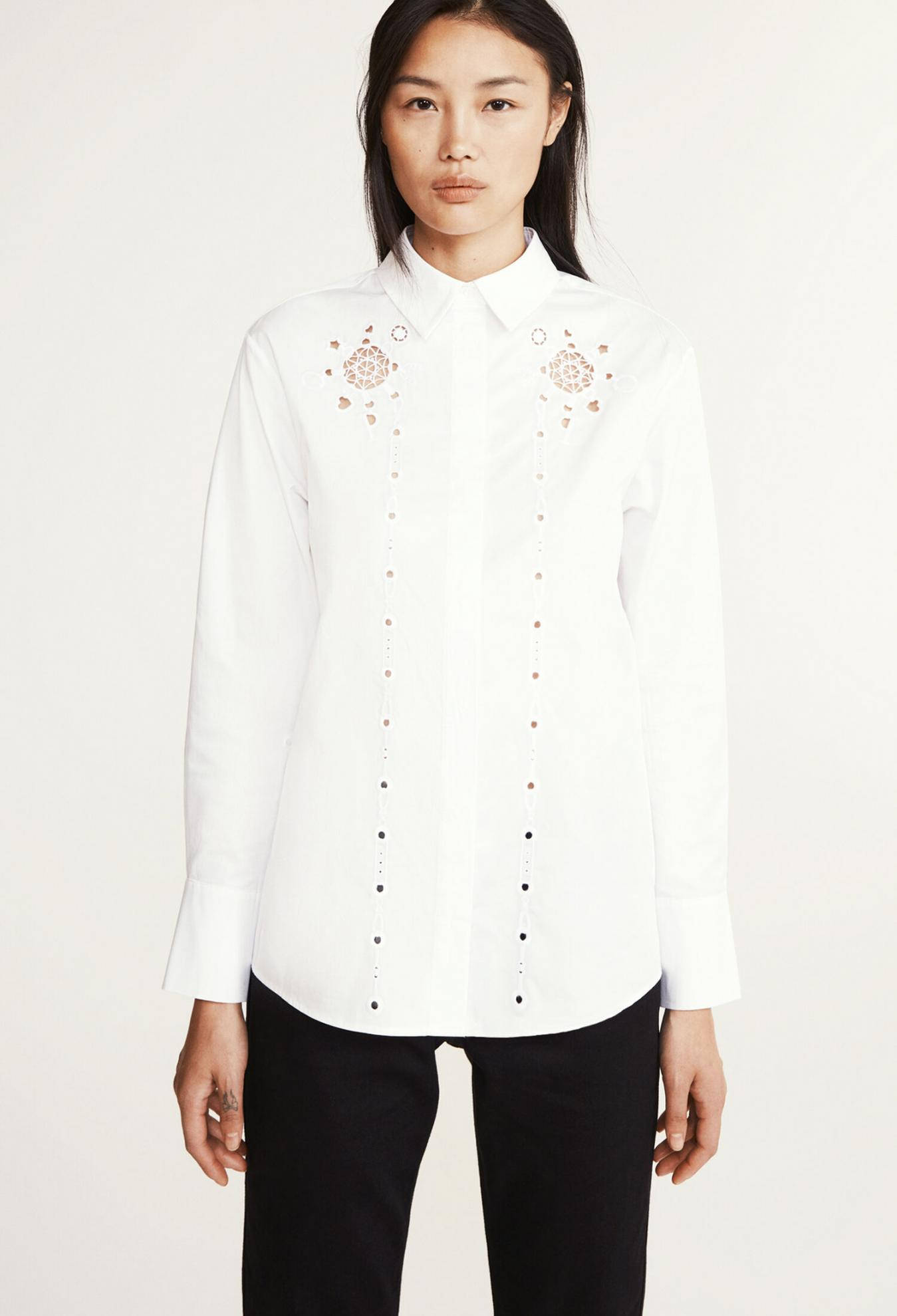 Claudie Pierlot, white button down shirt, floral embroidery, Full HD Phone Wallpaper