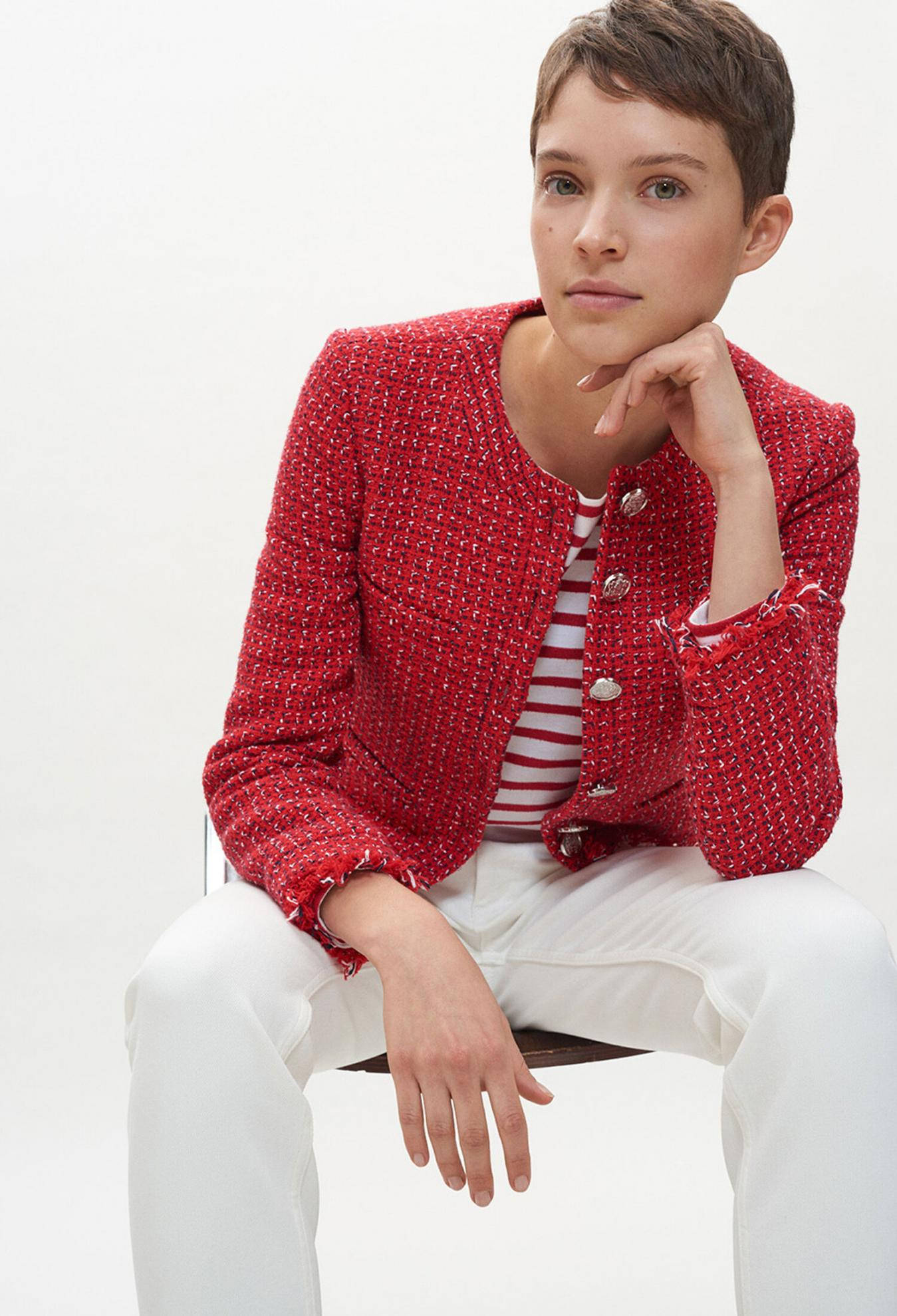 Claudie Pierlot, red tweed blazer, striped shirt, Full HD Phone Wallpaper