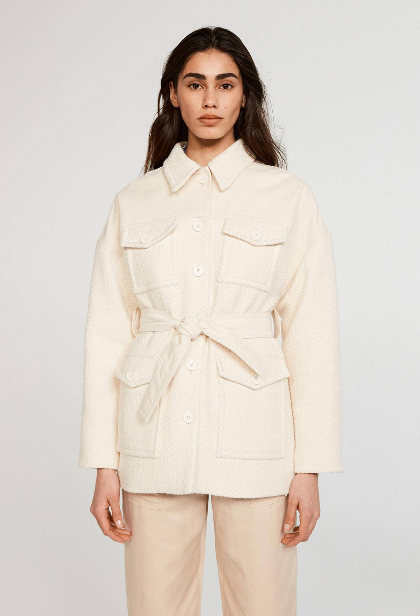 Claudie Pierlot, white coat with belt, creamy textured belted jacket, Full HD Phone Wallpaper