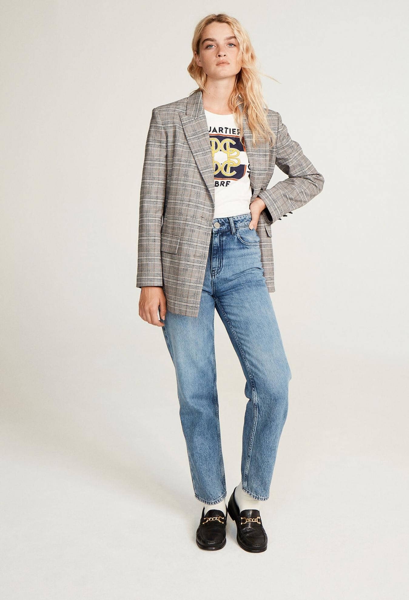 Claudie Pierlot, gray blazer, denim pants, Full HD Phone Wallpaper