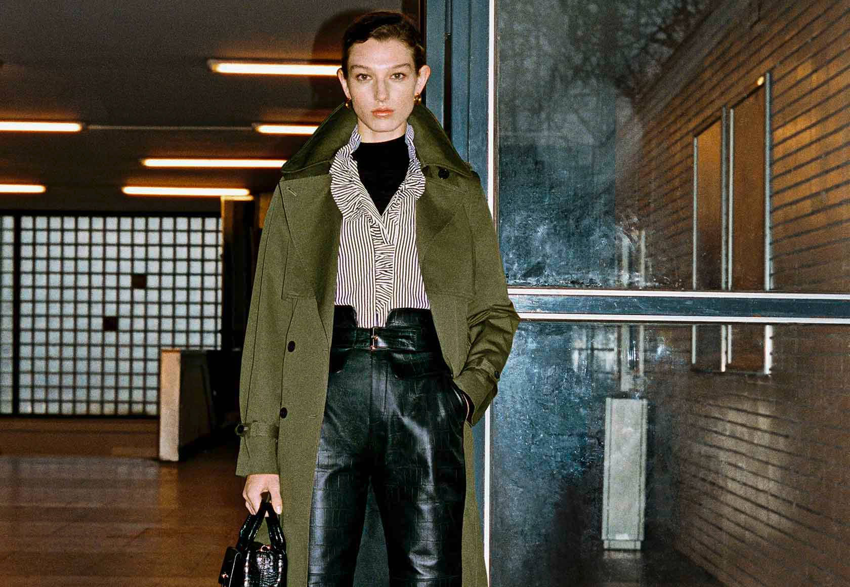 Claudie Pierlot, olive trench coat, leather pants, HD Desktop Wallpaper