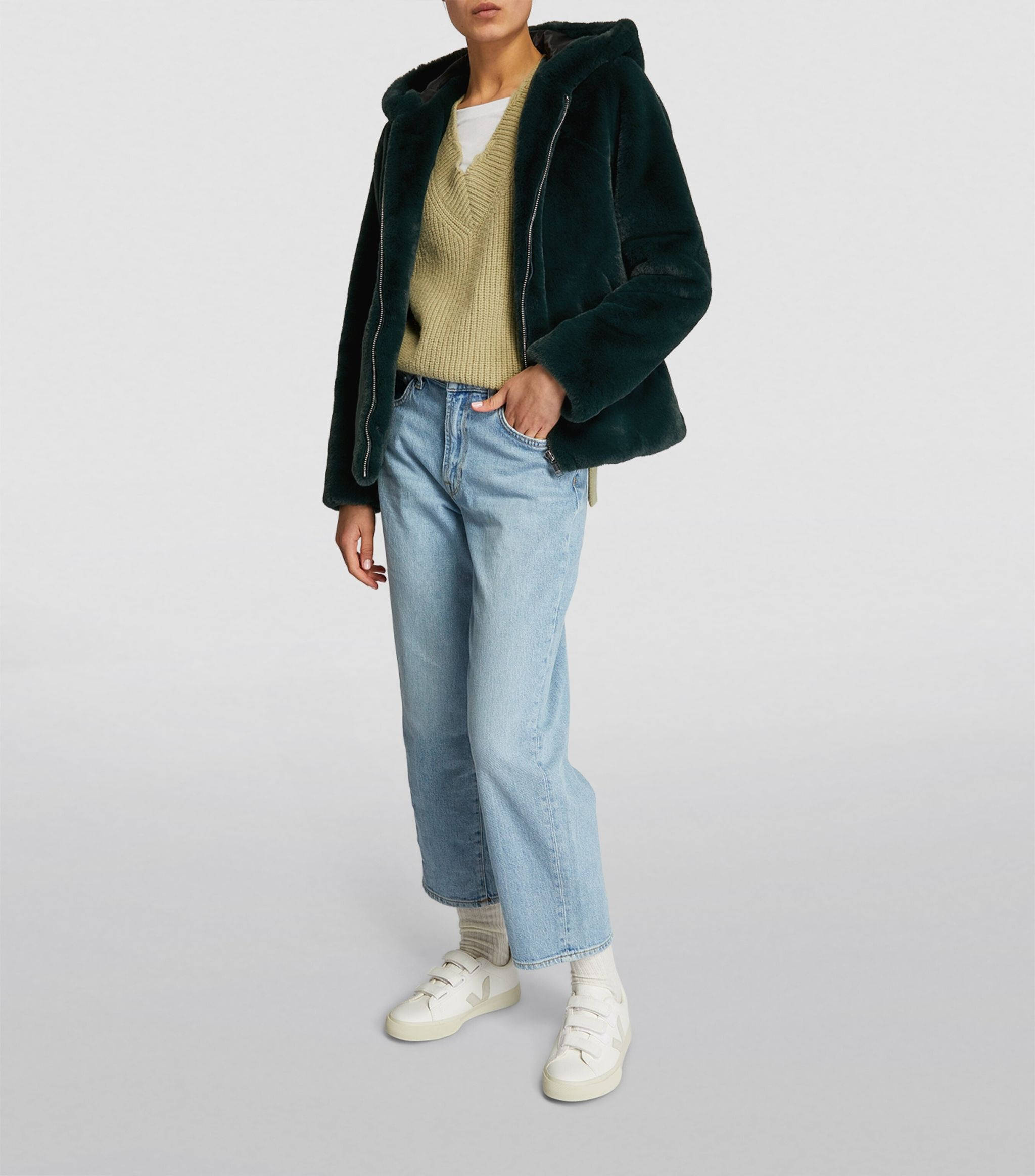 Claudie Pierlot, green velvet jacket, dark green faux fur hooded jacket, Full HD Phone Wallpaper