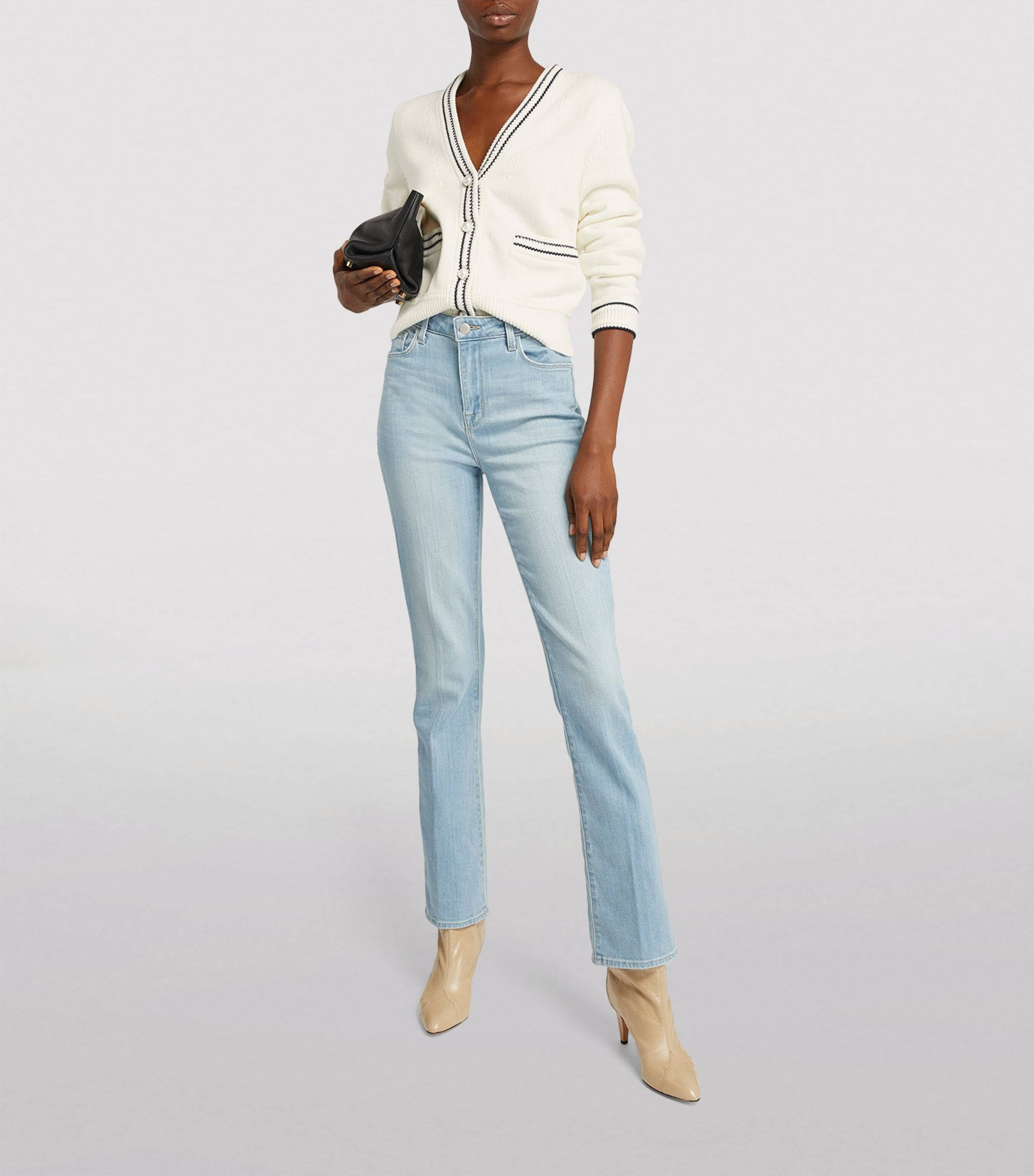 Claudie Pierlot, white cardigan, light blue jeans, Full HD Phone Wallpaper