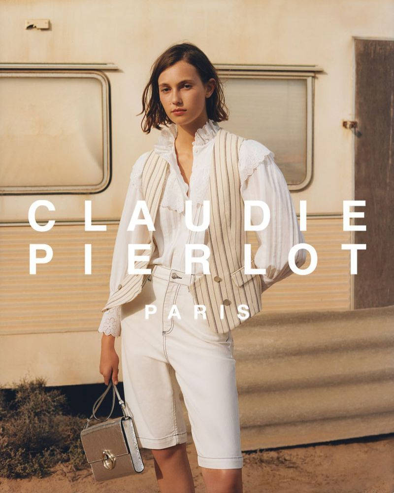 Claudie Pierlot, white striped vest, vintage camper van, SD Phone Wallpaper