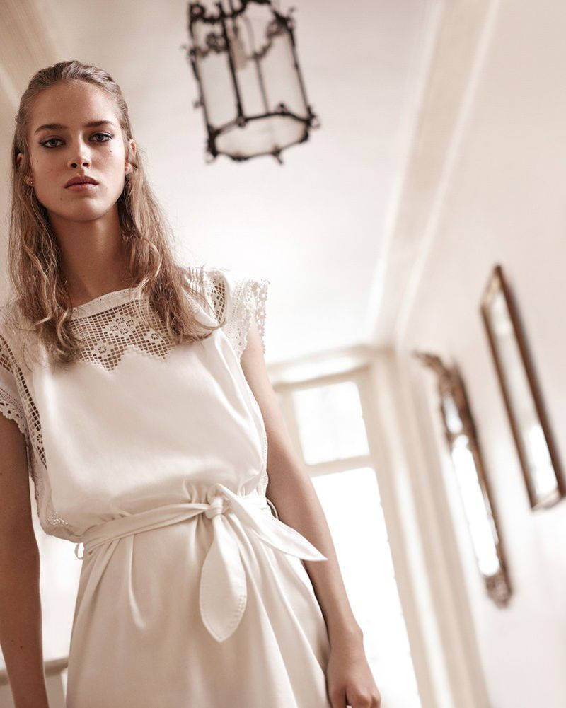 Claudie Pierlot, white silk dress, cream lace-trimmed dress, SD Phone Wallpaper