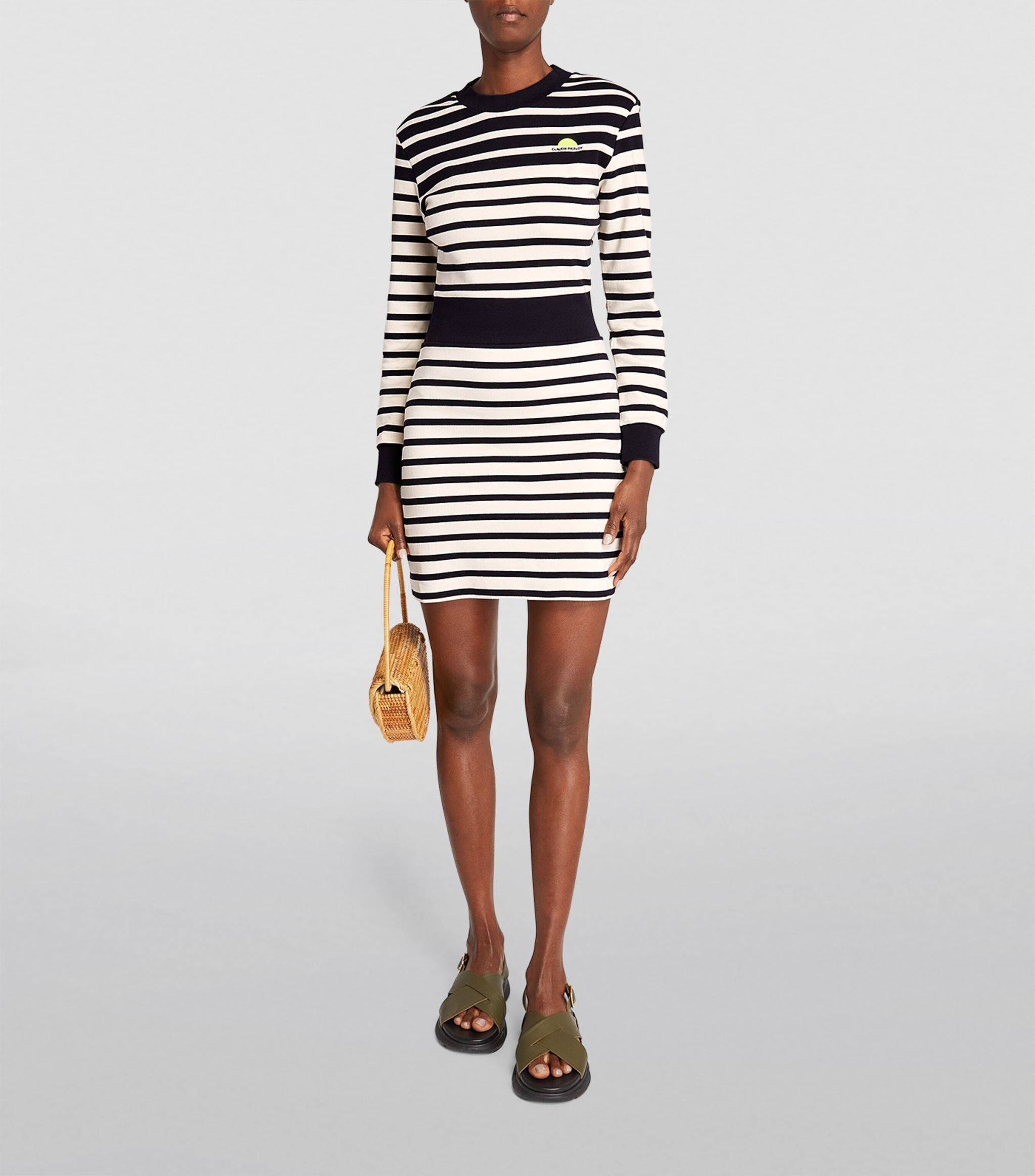 Claudie Pierlot, black and white striped long-sleeve dress, woven bag, Full HD Phone Wallpaper