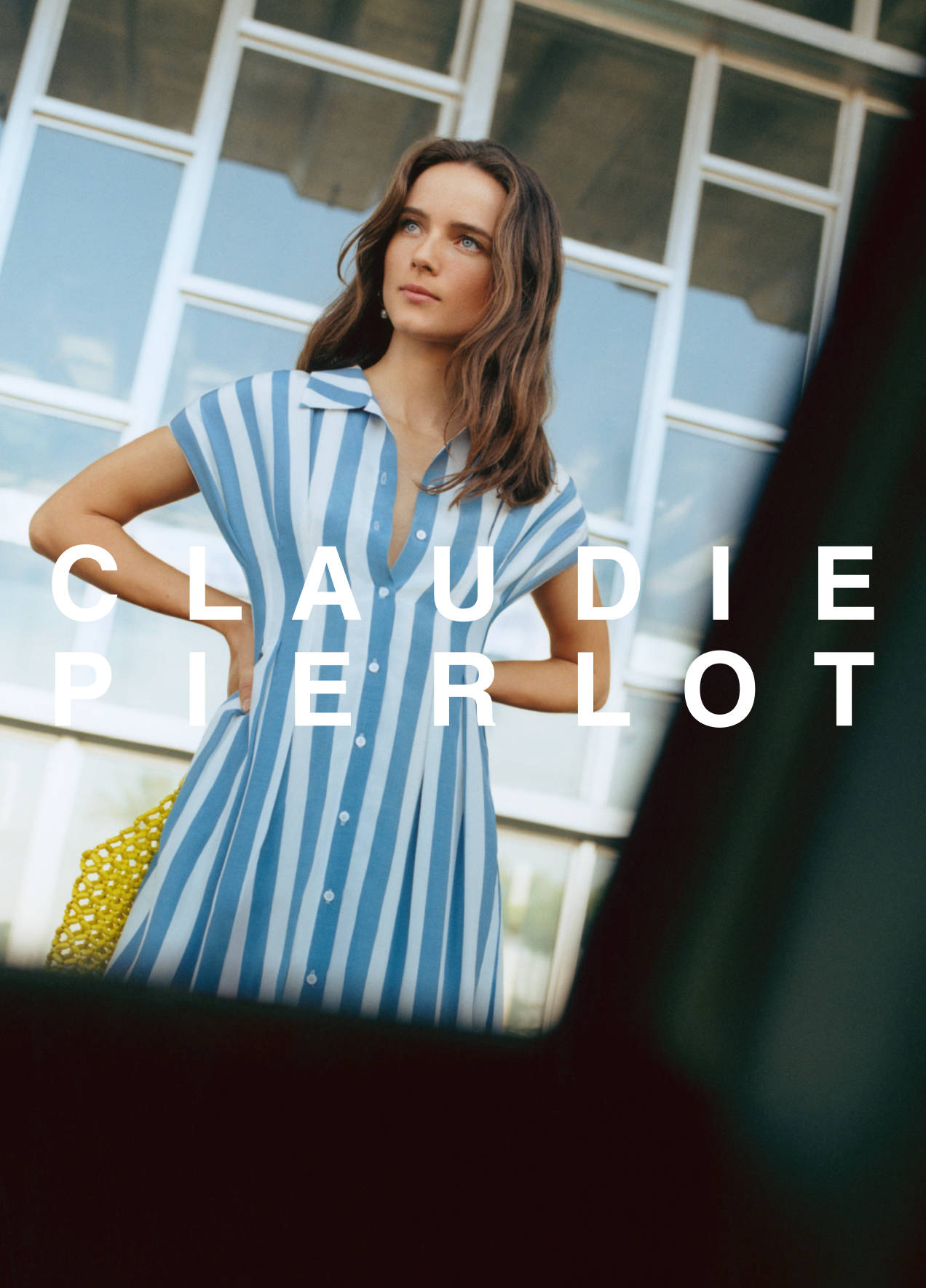 Claudie Pierlot, blue and white striped dress, large windowed wall, HD Phone Wallpaper
