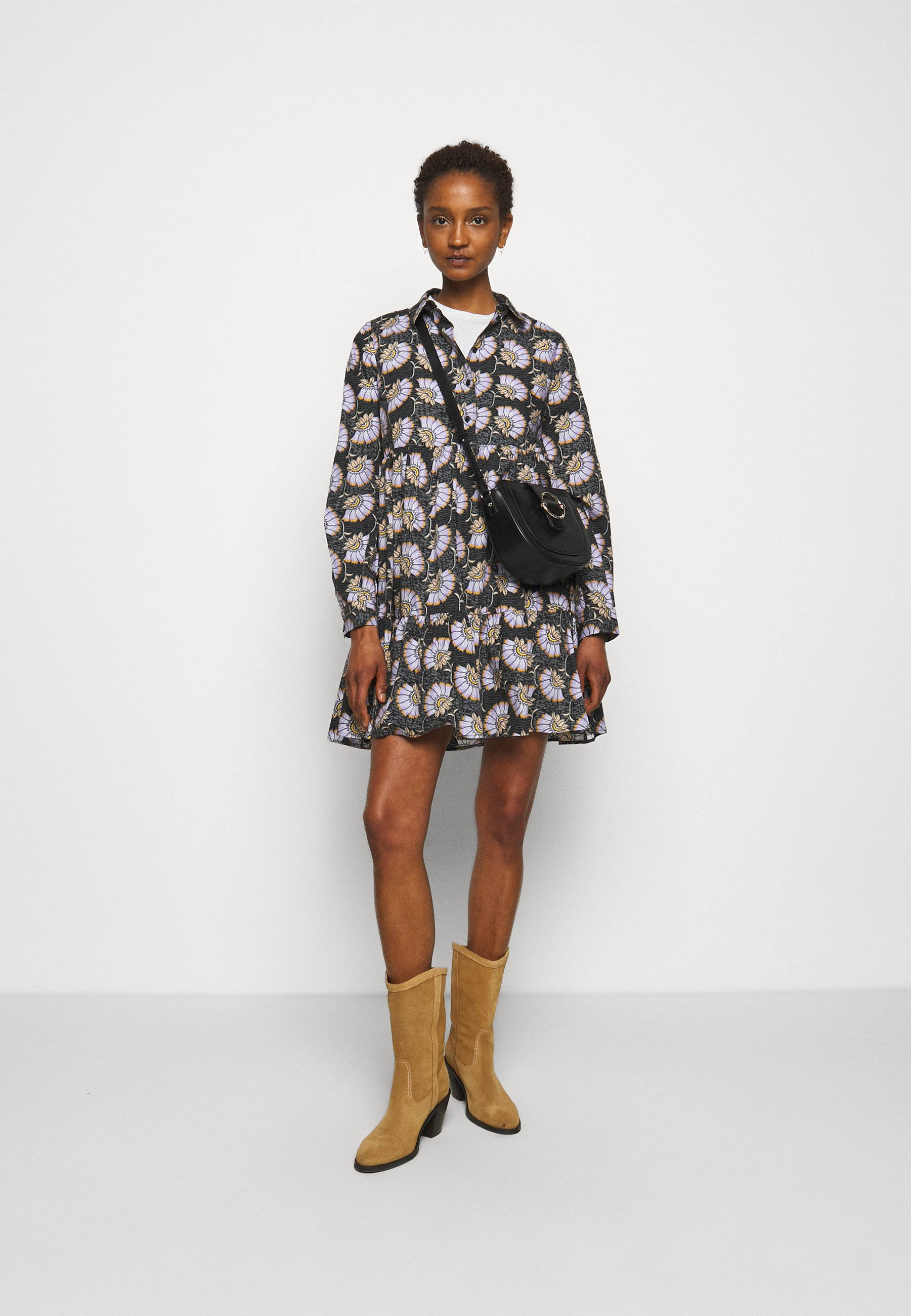 Claudie Pierlot, polo flower dress, floral print shirt dress, 2K Phone Wallpaper