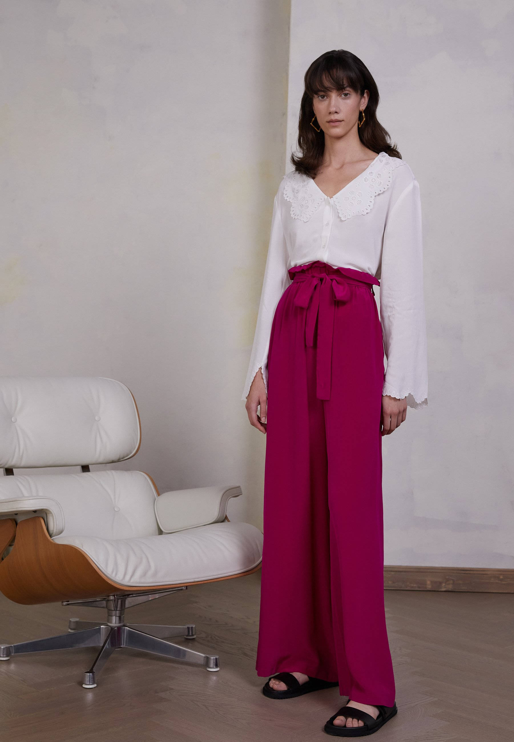 Claudie Pierlot, white lace blouse, magenta wide-leg pants, 2K Phone Wallpaper