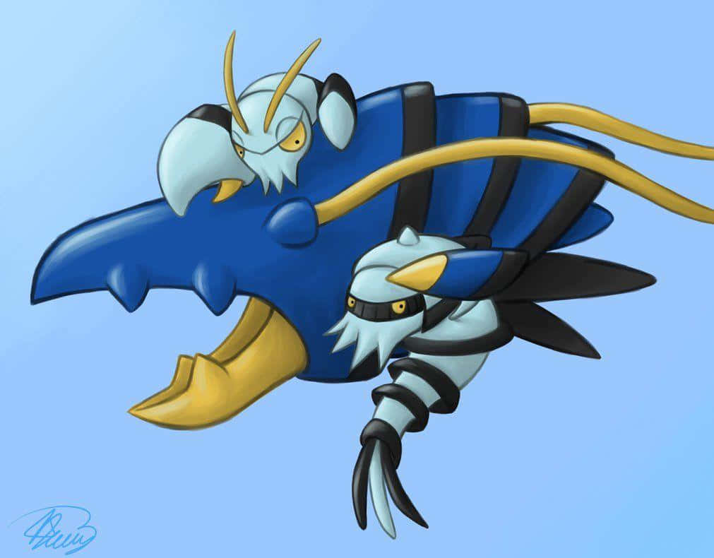 Clawitzer, blue and yellow bird-like Pokémon, clear light blue sky, SD Desktop Wallpaper