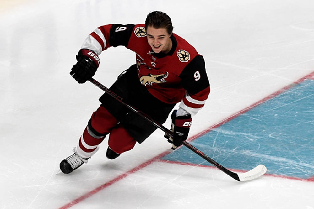 Clayton Keller, red and black uniform, ice rink, SD Desktop Wallpaper