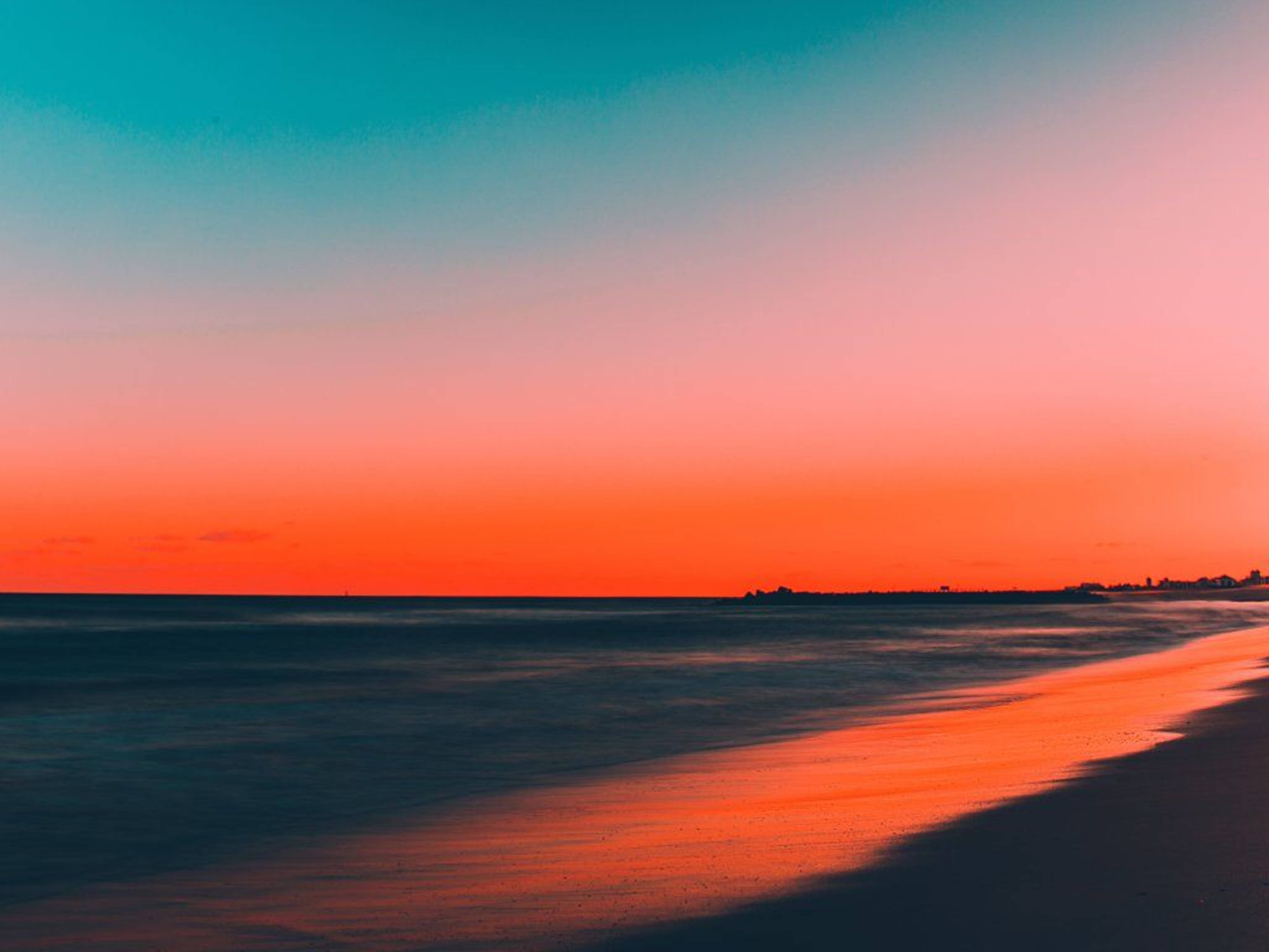Scenic Seashore, sunset, fiery orange sky, 5K Desktop Wallpaper