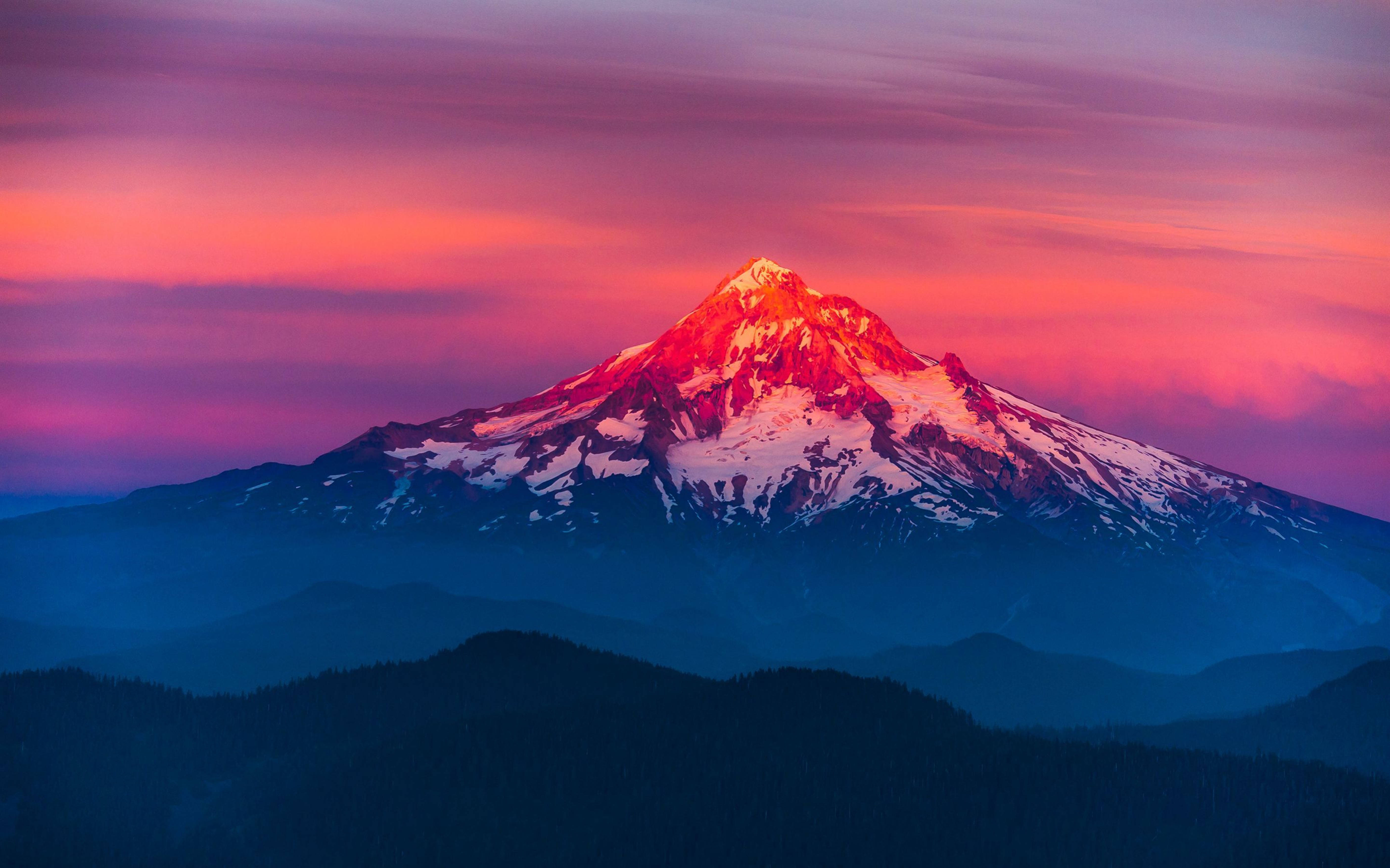 snow-covered mountain peak, fiery orange, gradient pink and purple sunset sky, 5K Desktop Wallpaper