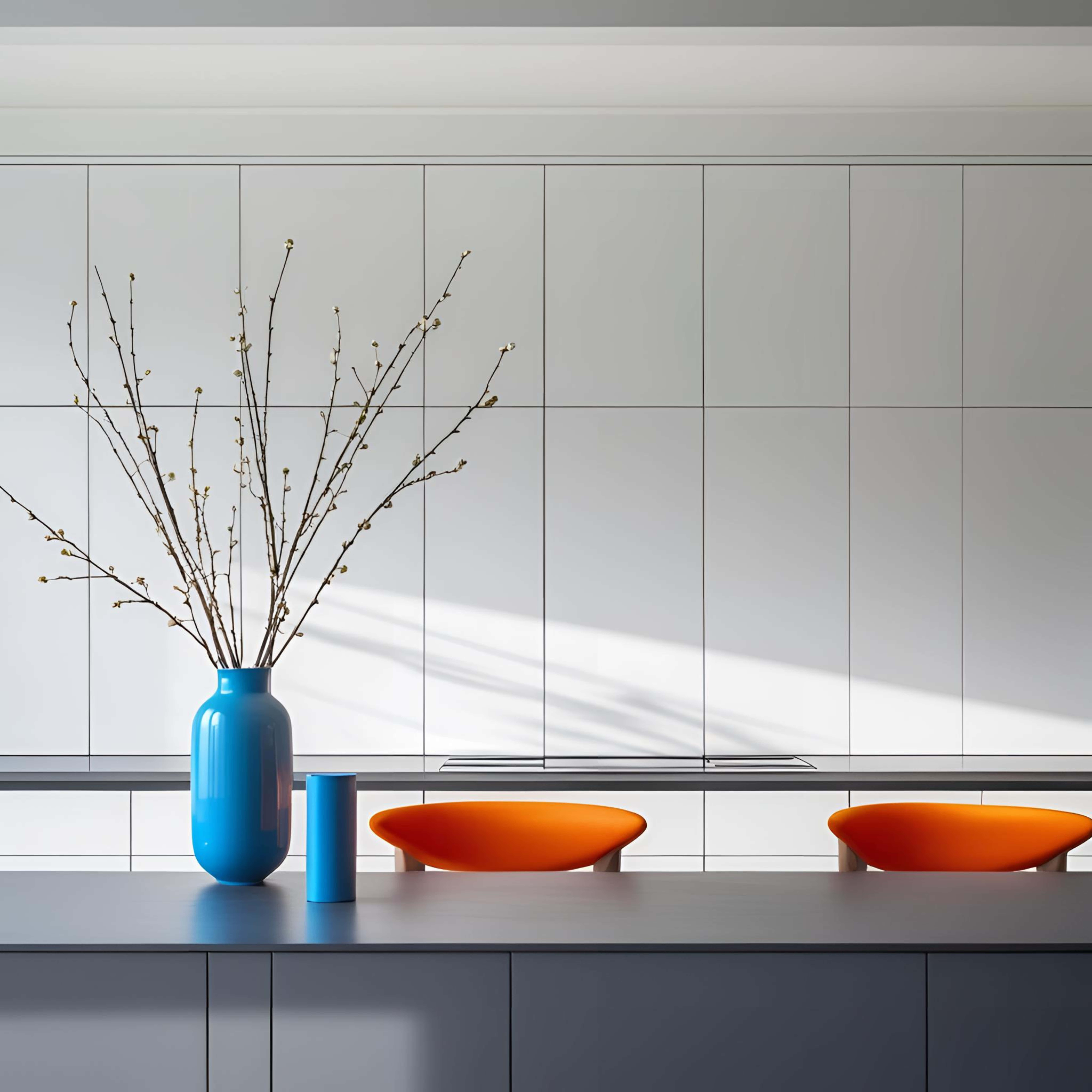 blue vase, orange stools, white cabinets, 8K Desktop Wallpaper