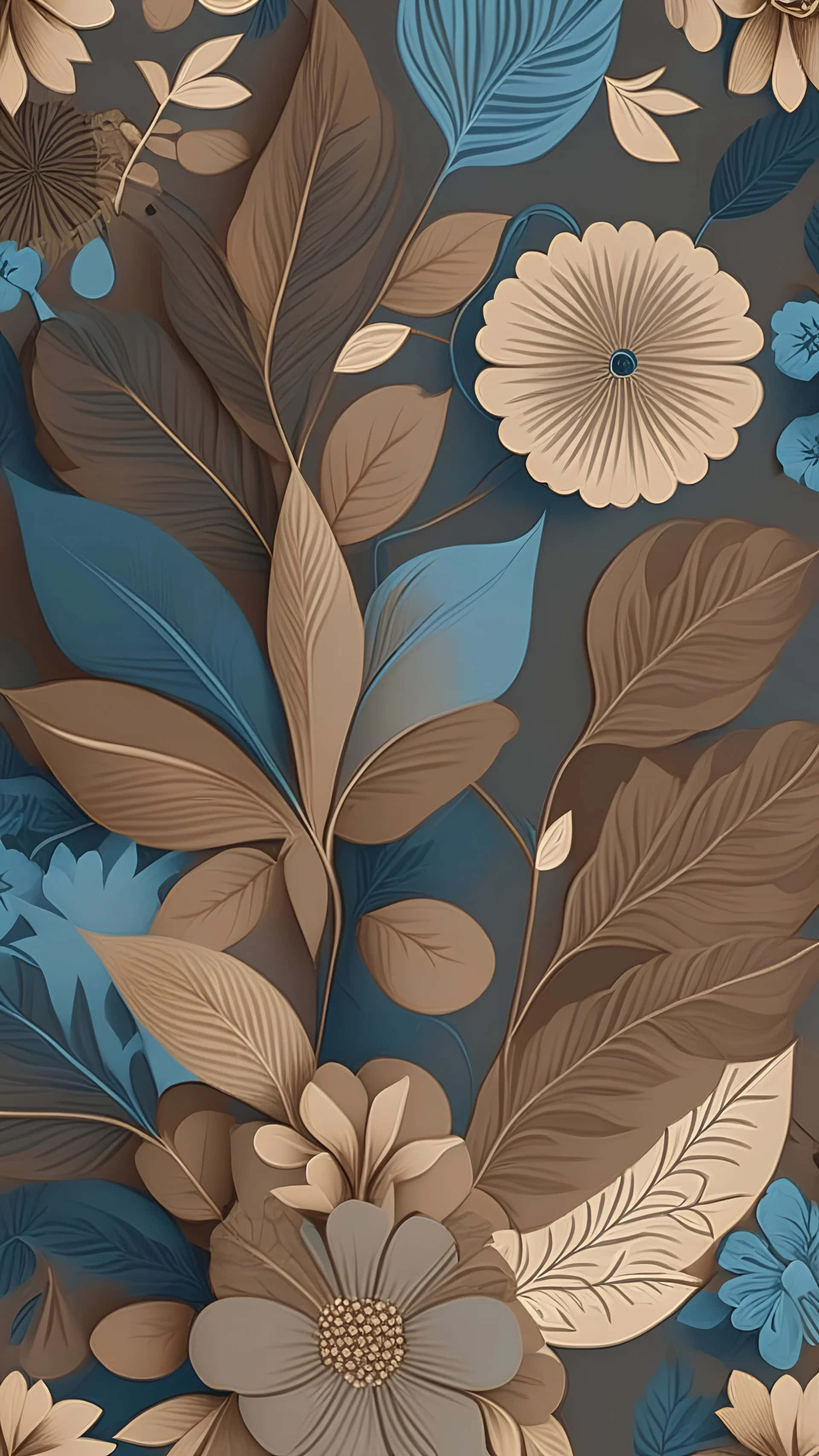 elegant floral wallpaper design, abstract floral wallpaper, layered brown and teal leaves and flowers, 2K Phone Wallpaper