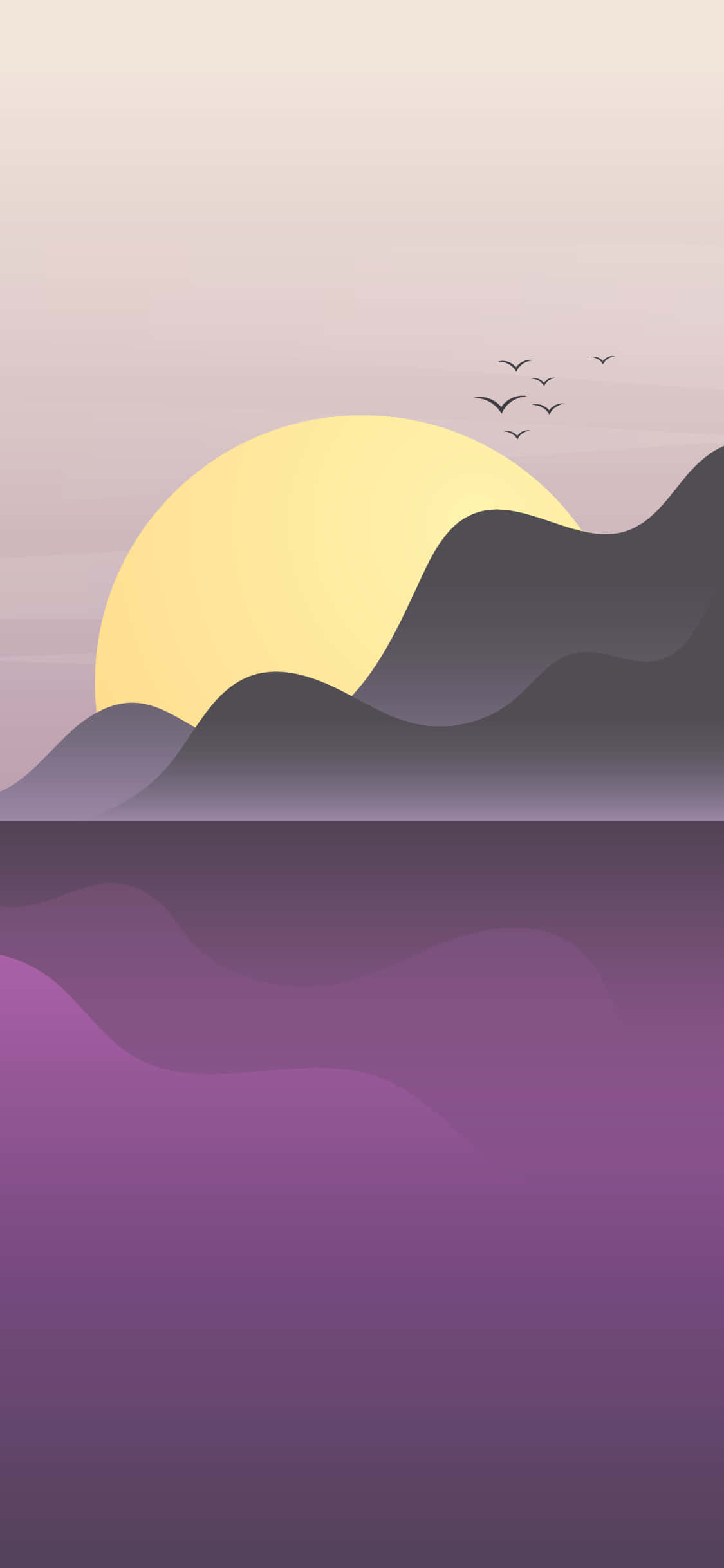 minimalist sunset, dark purple mountains, large yellow sun, Full HD Phone Wallpaper