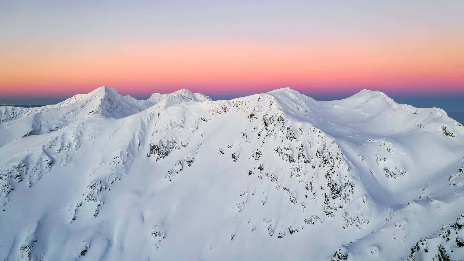 snowy mountain peaks, sunset, vibrant pink and purple sky, Full HD Desktop Wallpaper