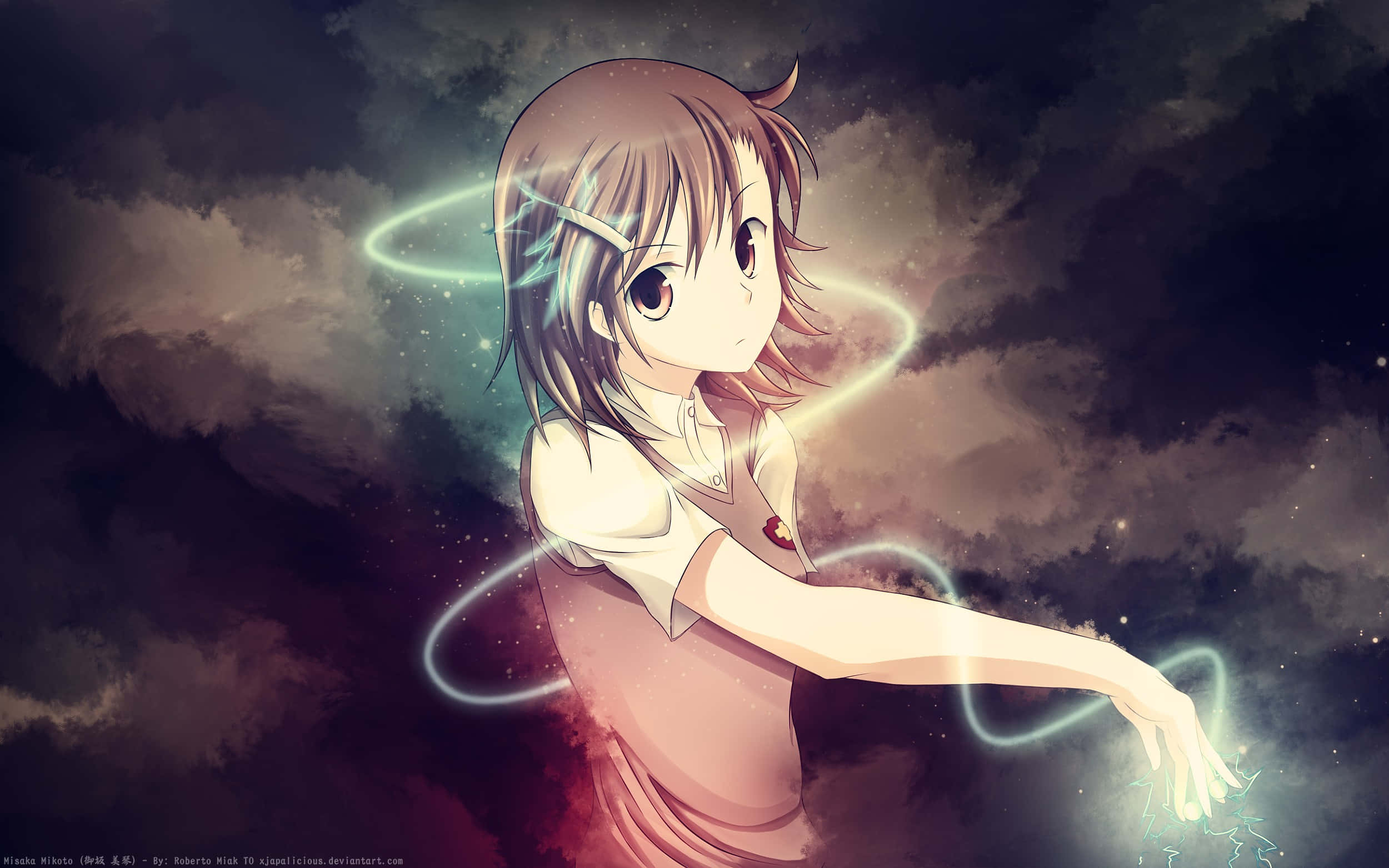 anime girl, brown hair, glowing blue energy swirls, Full HD Desktop Wallpaper