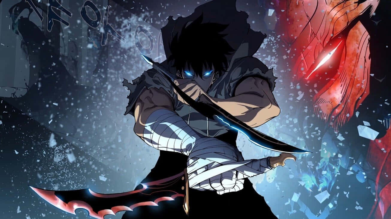 Clean Anime, dark-haired anime warrior, glowing blue eyes, HD Desktop Wallpaper