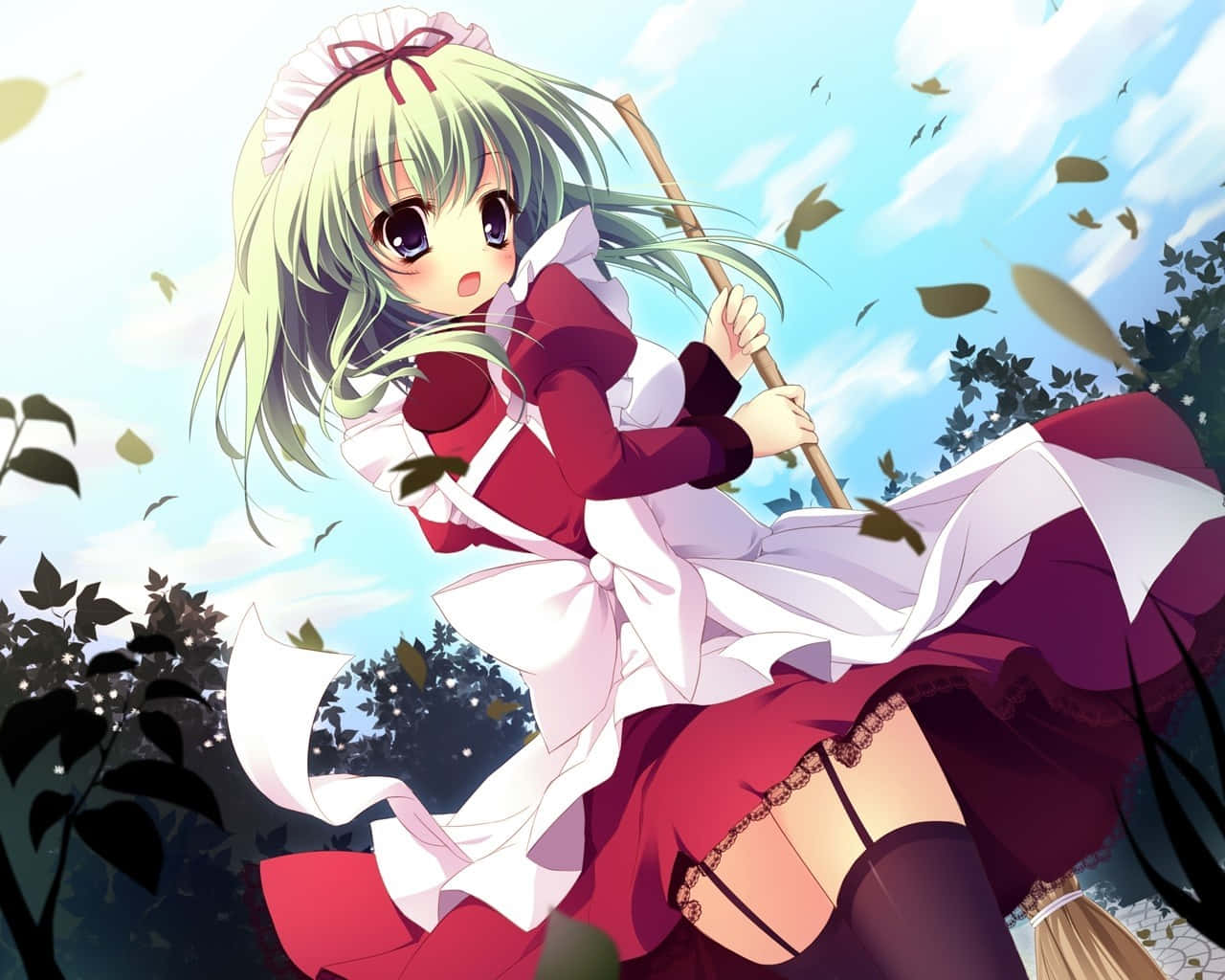 Clean Anime, green hair, red and white dress, HD Desktop Wallpaper
