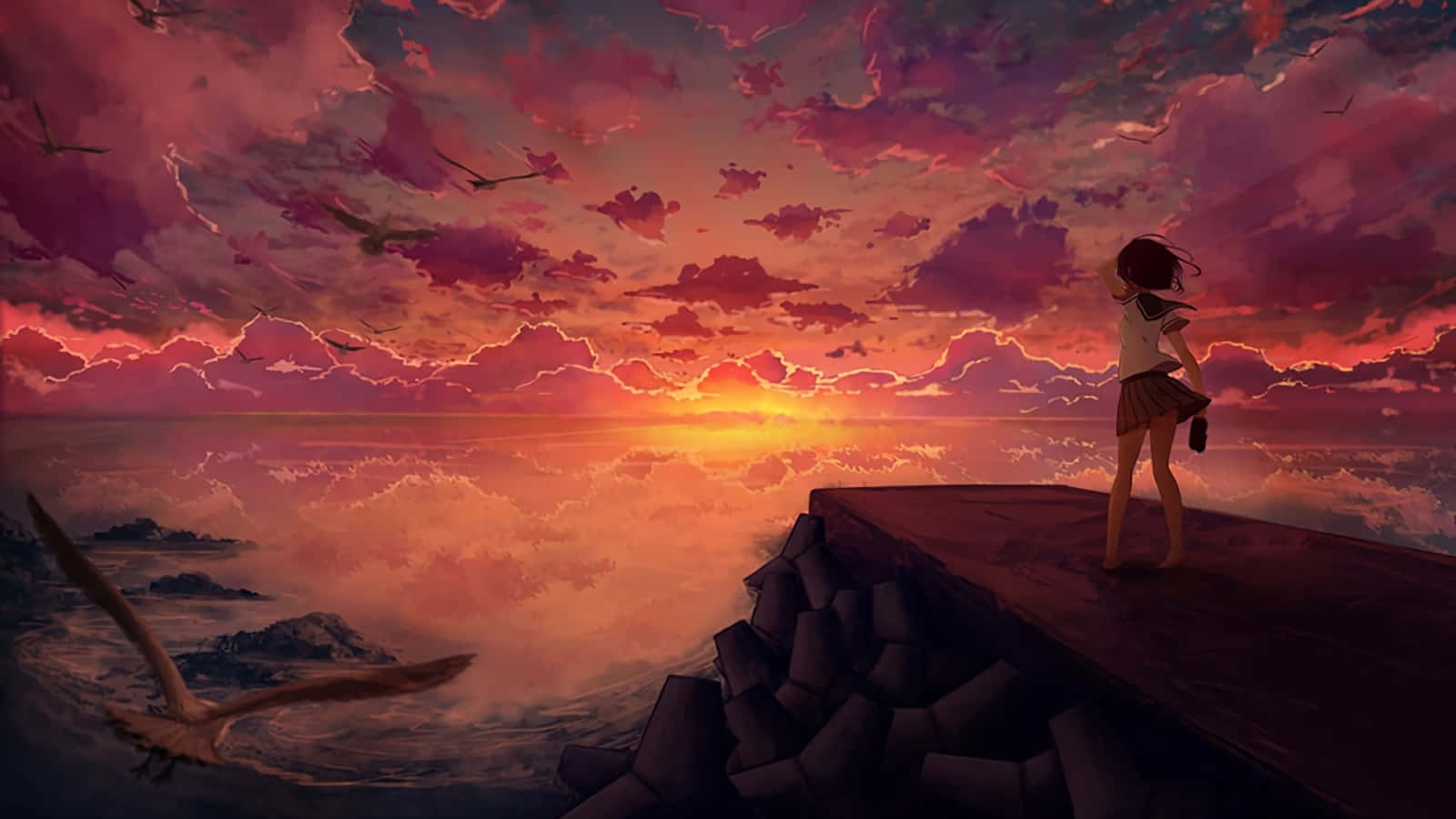 school uniform, stone pier, sunset, HD Desktop Wallpaper