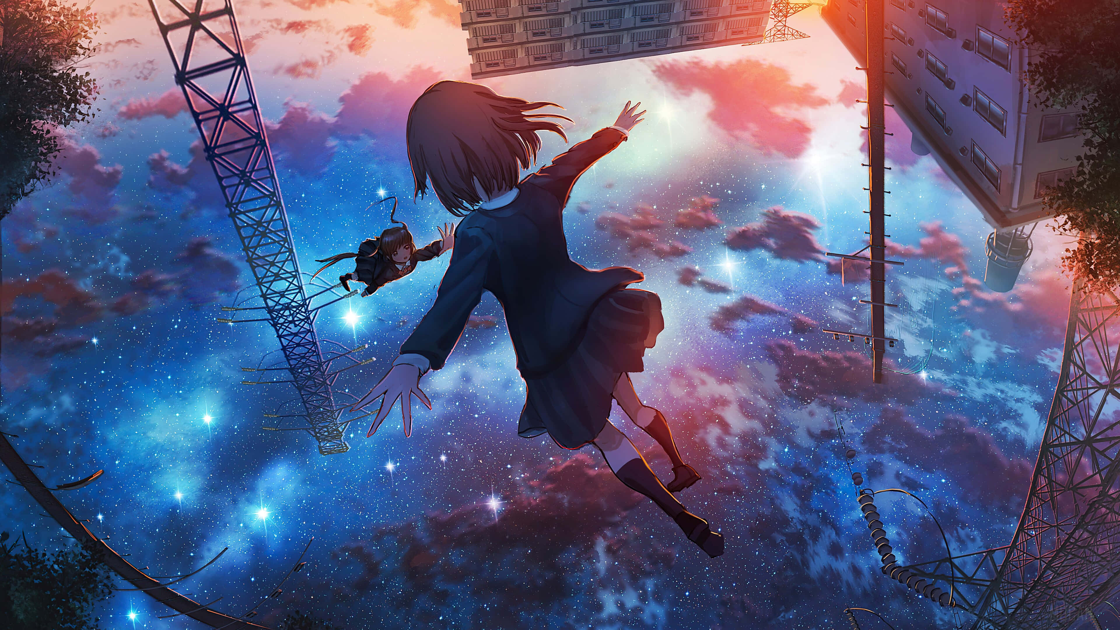 school uniform, starry sky, floating city buildings, 4K Desktop Wallpaper