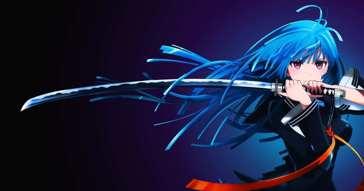 blue-haired anime girl, katana, dark purple background, SD Desktop Wallpaper