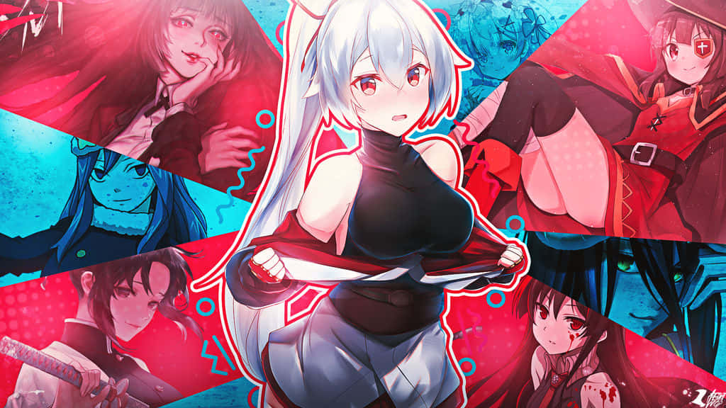 red and blue background, bold red and teal color blocking, anime collage, SD Desktop Wallpaper