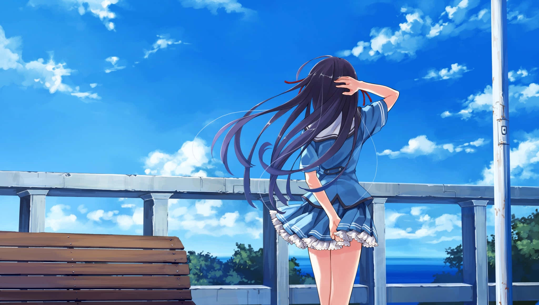 clean anime, long dark hair, blue school uniform, Full HD Desktop Wallpaper