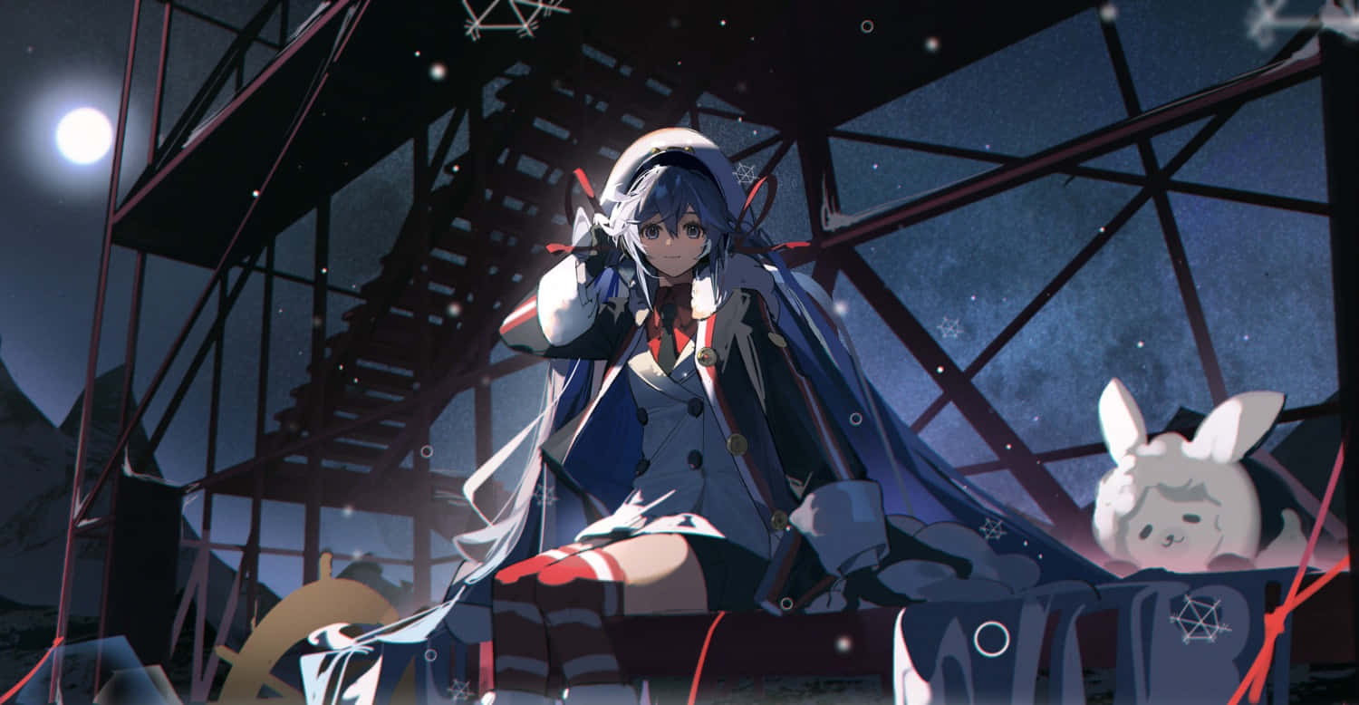blue-haired anime girl, detailed coat, metal structure, HD Desktop Wallpaper