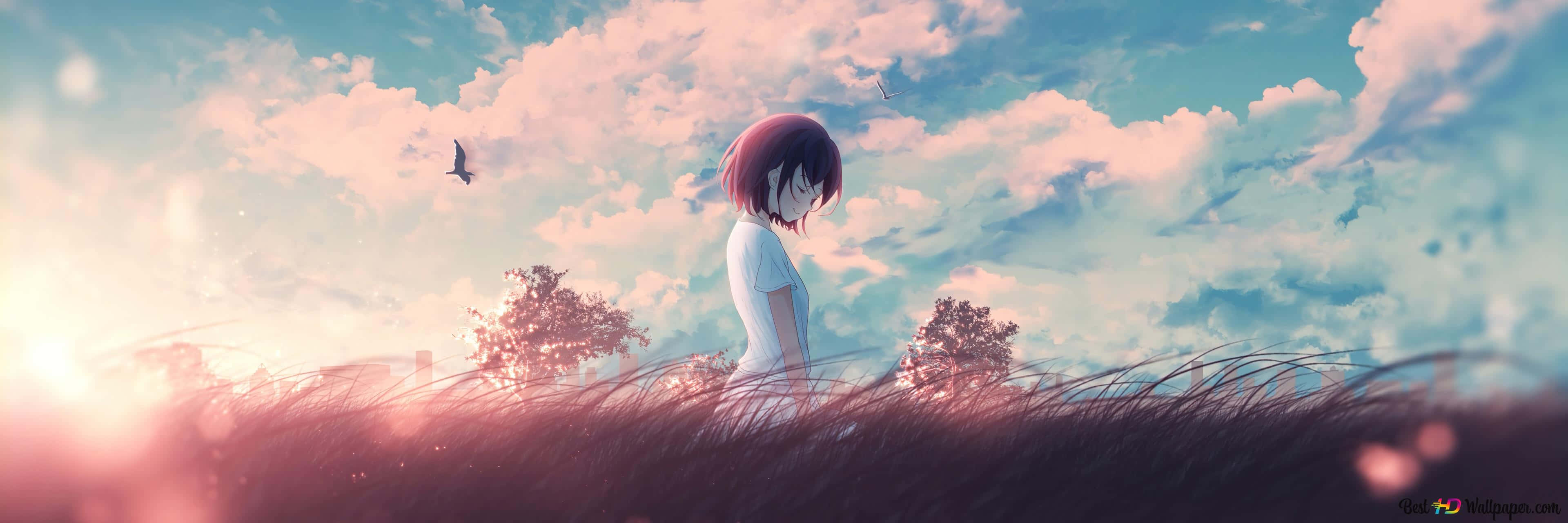 anime girl, red hair, tall grass, 4K Desktop Wallpaper